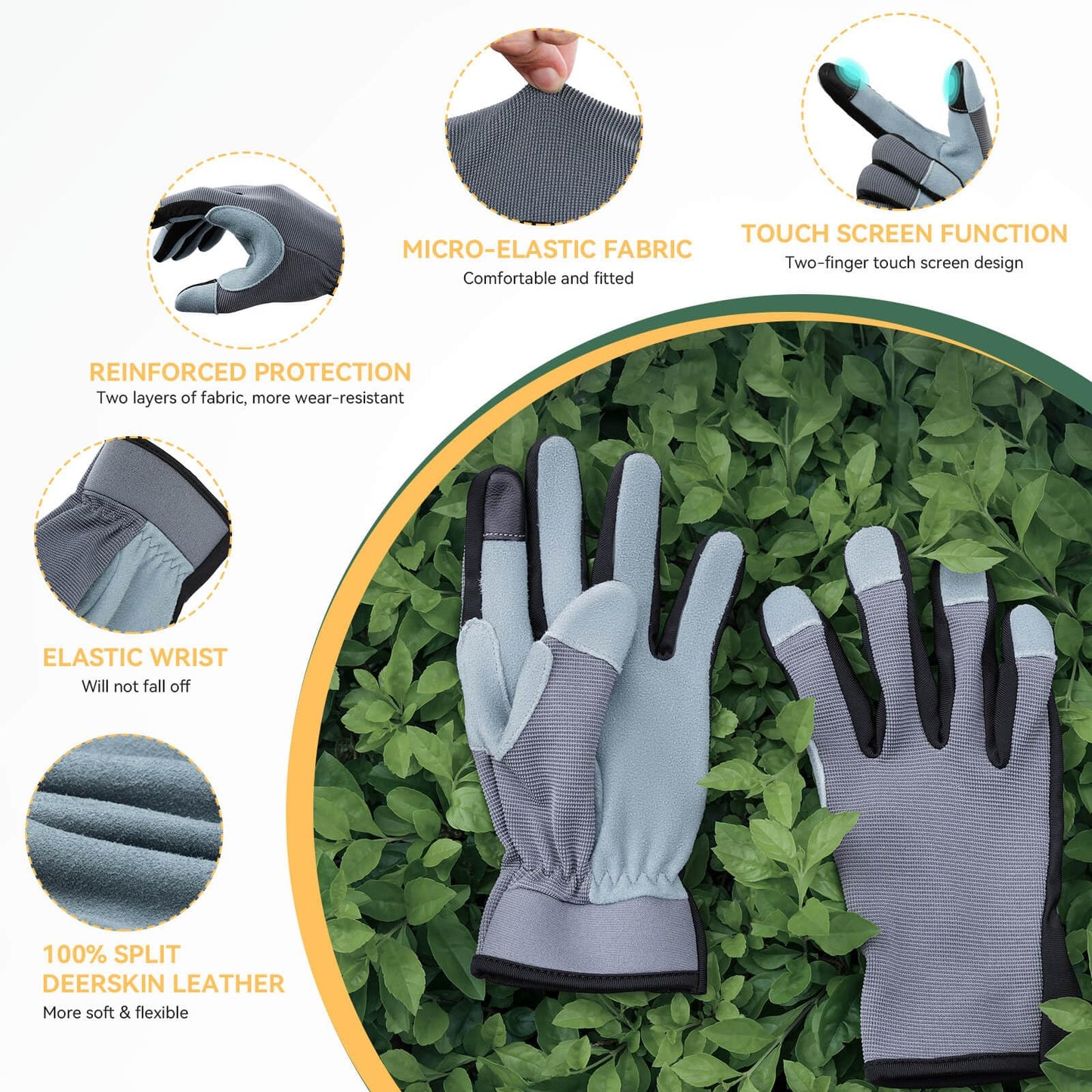OZERO Leather Work Gloves for Women, Deerskin Garden Gloves, Touchscreen Thumb & Index, EN388 3133X Palm, Breathable Back for Gardening, Yard Work, Driving (Large)
