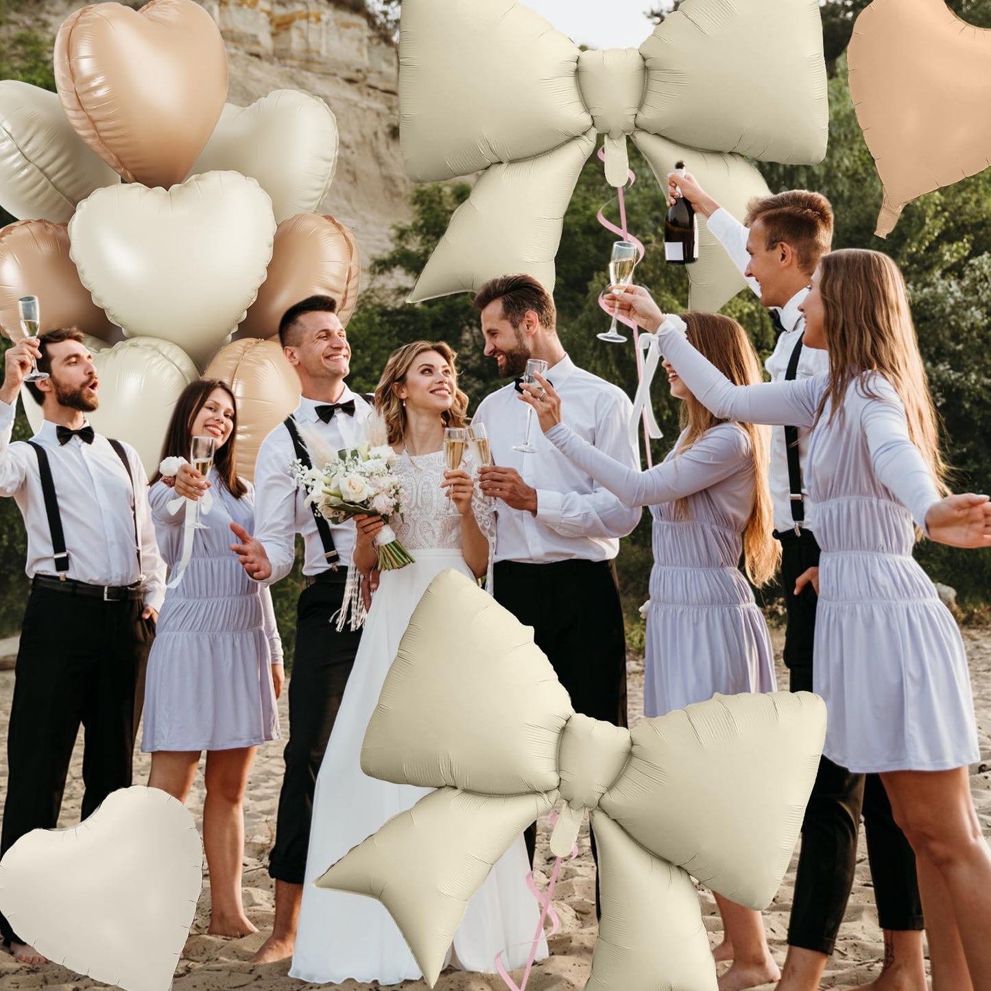 Cream Heart Balloons, Bow Party Decorations with 10Pcs 18 Inch Beige Heart Shaped Balloon, 38 Inch Helium Cream Bow Balloon for Birthday Valentines Engagement Baby Shower Bridal Wedding Party Decor