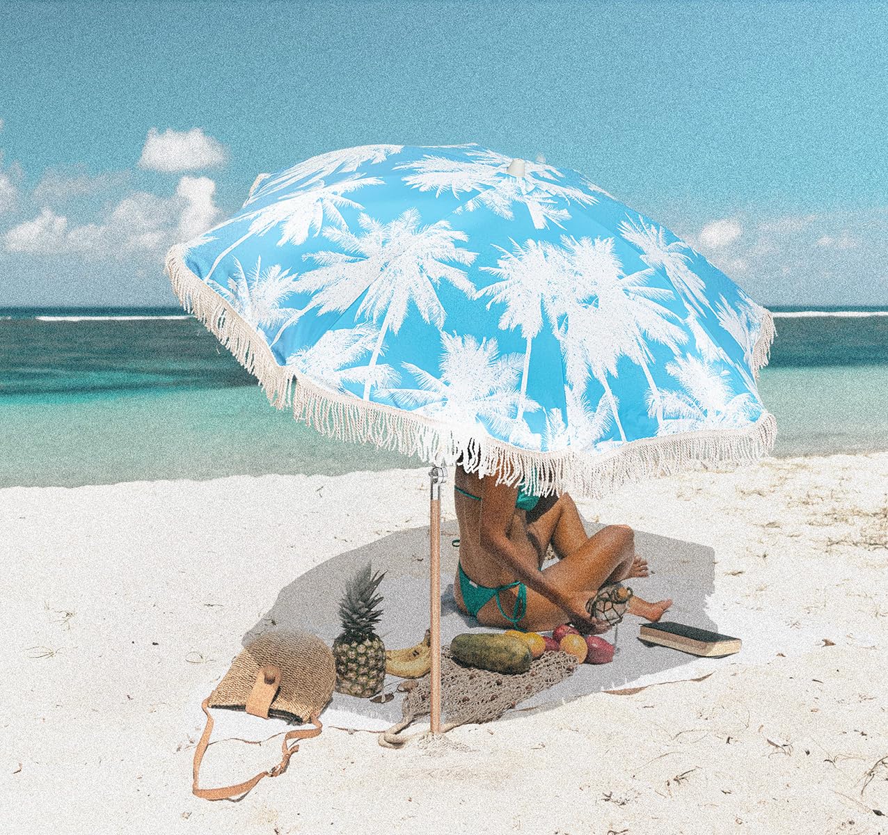 STANDERECT 6.5Ft Boho Beach Umbrella with Fringe, Tassel Umbrellas with Tilting Wood Pole & Carrying Bag, UPF 50+ for Beach (Palm)