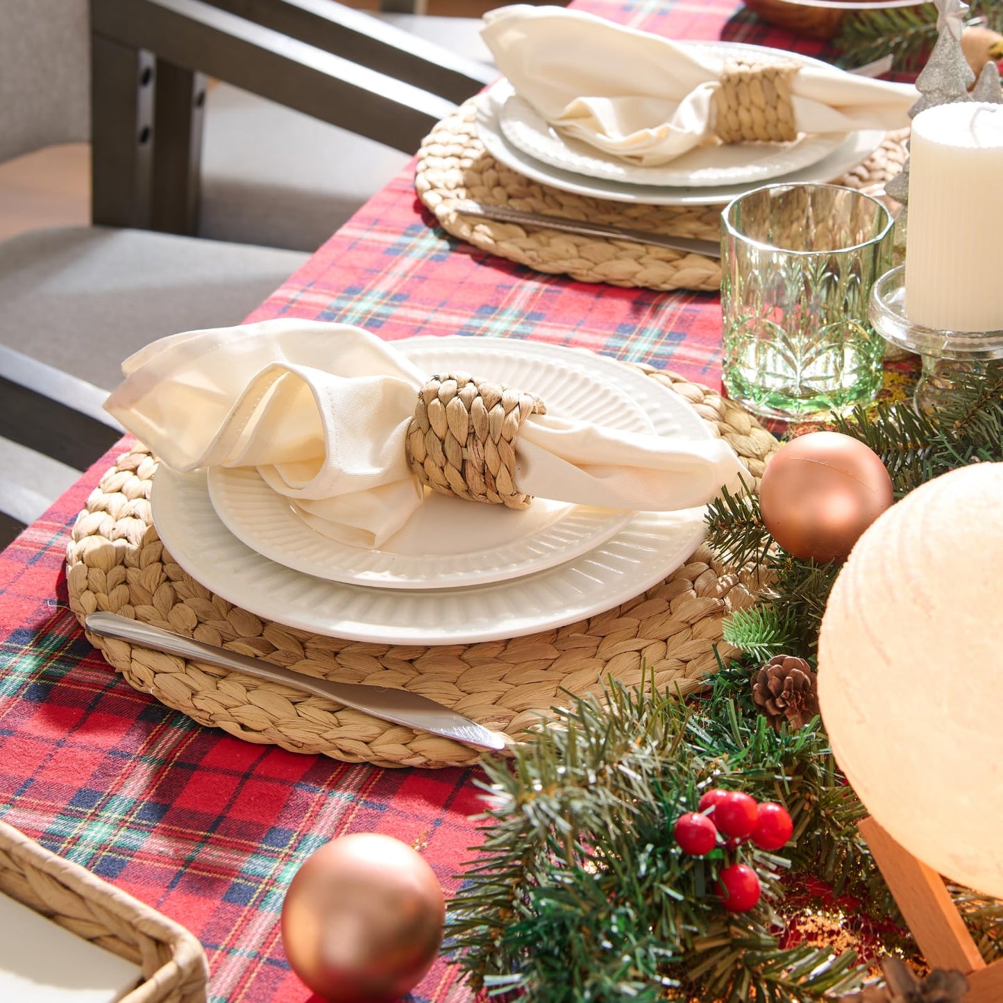 6 Pack, Round Woven Placemats, Natural Water Hyacinth Wicker Place mats, Braided Straw Table Mats, Charger Plates for Dining Table, Fall, Thanksgiving, Christmas (13.8 inch)
