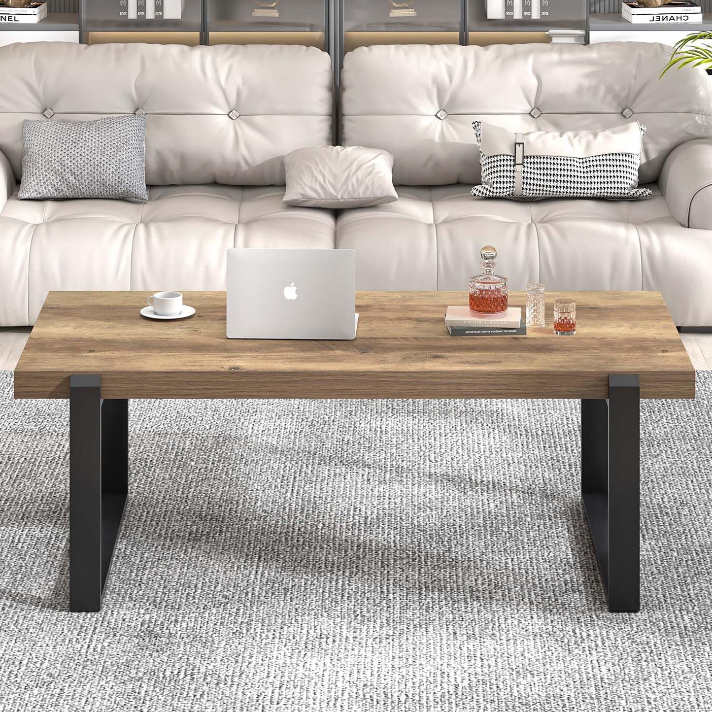 FOLUBAN Rustic Coffee Table, Modern Wood and Metal Industrial Center Table for Living Room, 47 Inch Oak