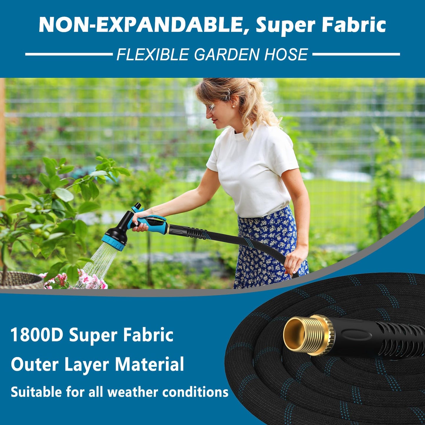 Garden Hose 75ft, Non-Expandable Lightweight & Flexible Water Hose, with 10-Pattern Spray Nozzle, Super Fabric, Leak-Proof 3/4" Solid Brass Alloy Connector Fittings, Durable
