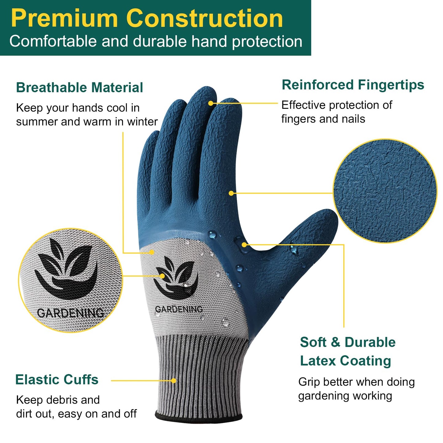 Trifabricy Garden Gloves for Women Men - 6 Pairs Breathable Hard-wearing Latex Coated Gardening Gloves for Women, Indoor/Outdoor Protective Working Gloves with Grip, Blue & Grey