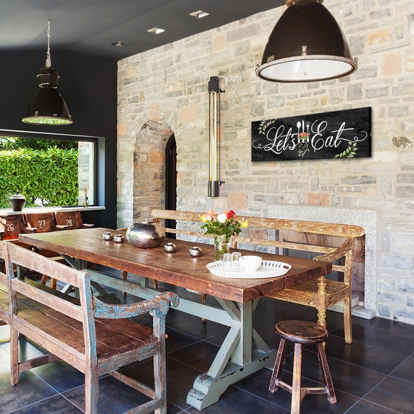 KREATIVE ARTS Farmhouse Kitchen Wall Art - Let's Eat Sign Poster - Black Marble Canvas Prints - Ready to Hang 12x36'' Painting for Dining Room and Kitchen Decor
