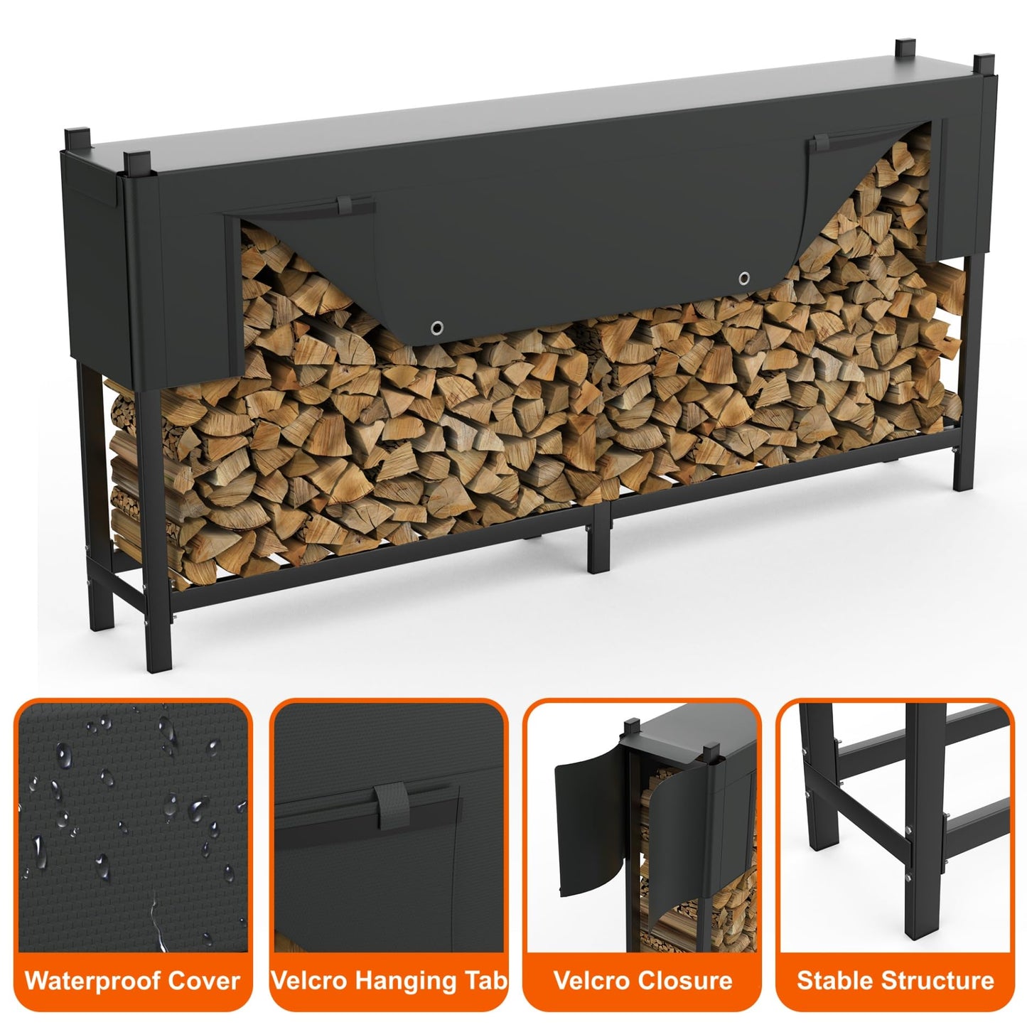 WALMANN Heavy-Duty 8 ft Firewood Rack with Waterproof Cover & Firewood Carry Bag, Outdoor Indoor Wood Log Holder for Fireplace, Patio & Porch, Sturdy Steel Fire Wood Storage Stand