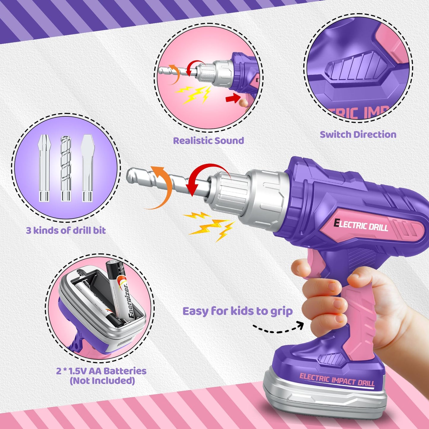 Kids Tool Set with Portable Tool Box & Electronic Toy Drill, Toddler Tool Set, Construction Tools for Kids Ages 3 4 5 6, 46 Pcs Tool kit for Christmas & Birthday Gifts for Girls
