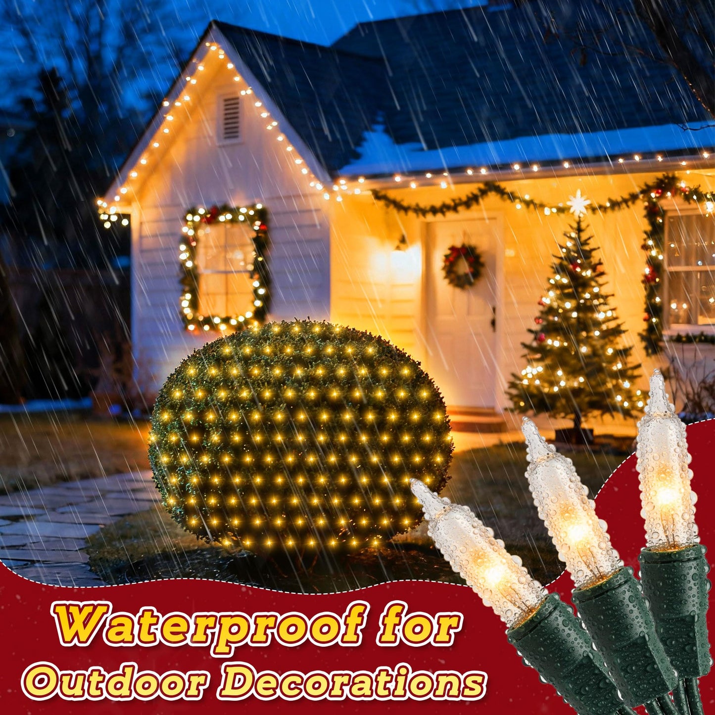 ElectricWise 6 Pack Net Christmas Lights Outdoor 4 x 4 Ft, Clear Mesh Christmas Mini Incandescent Net Lights with End to End Plug for Bushes, Hedges, Tree, Warm White, Green Wire