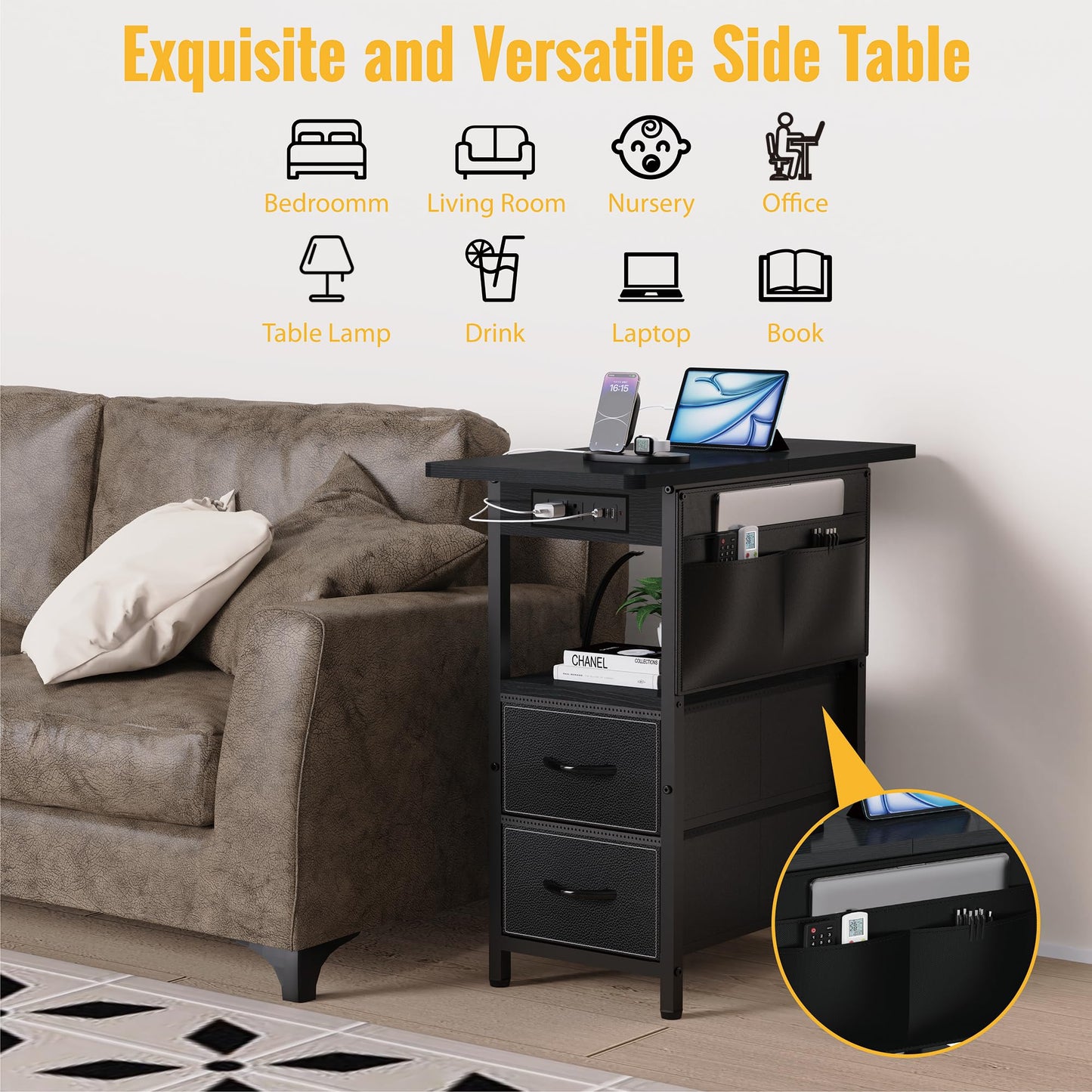 Yenlure Small Side Table with Charging Station, Narrow Nightstand Bedside Tables with Storage Pocket for Living Room Bedroom, Sofa End Table with USB Ports and Power Outlets for Small Spaces
