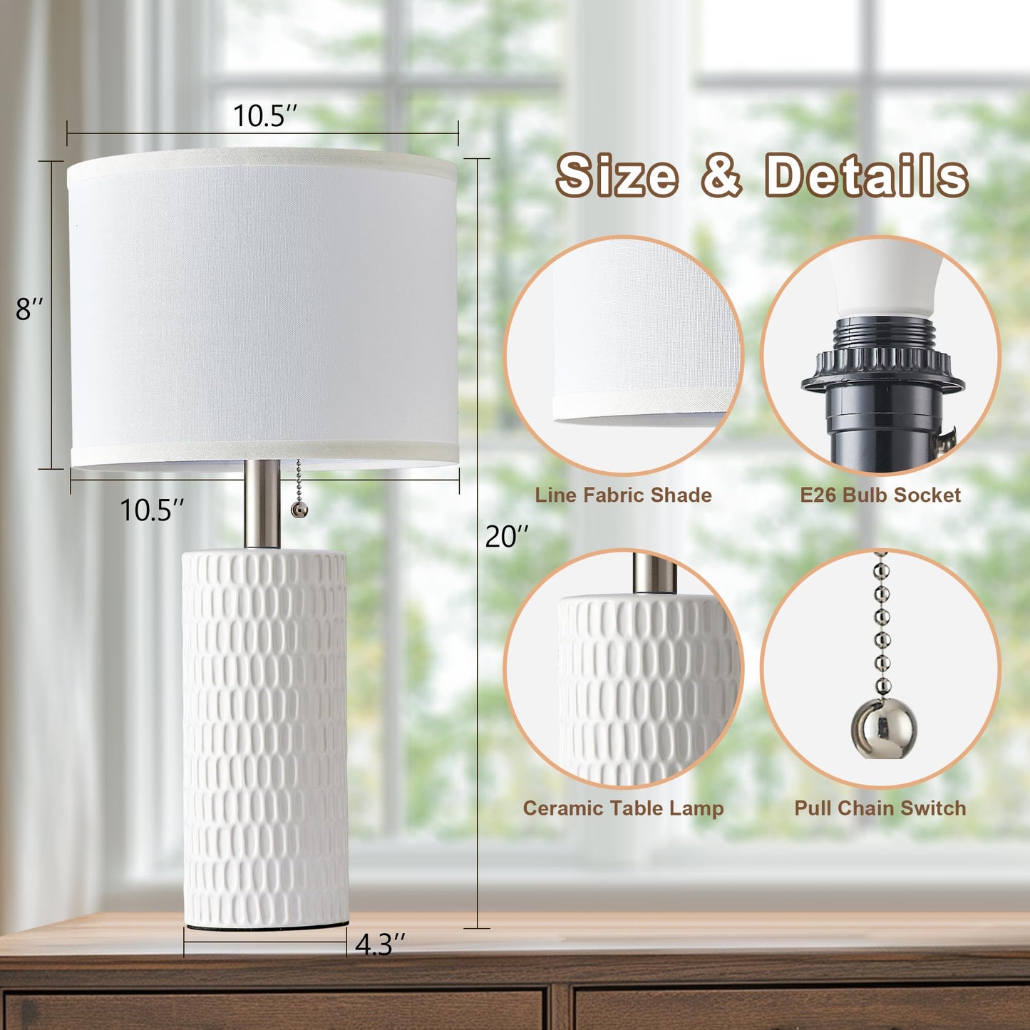 Reaketon 20" Small Ceramic Table Lamps for Bedroom Set of 2, Modern Lamps for Night Stands, Farmhouse Table Lamps for Living Room, Home Office and Hallways,White