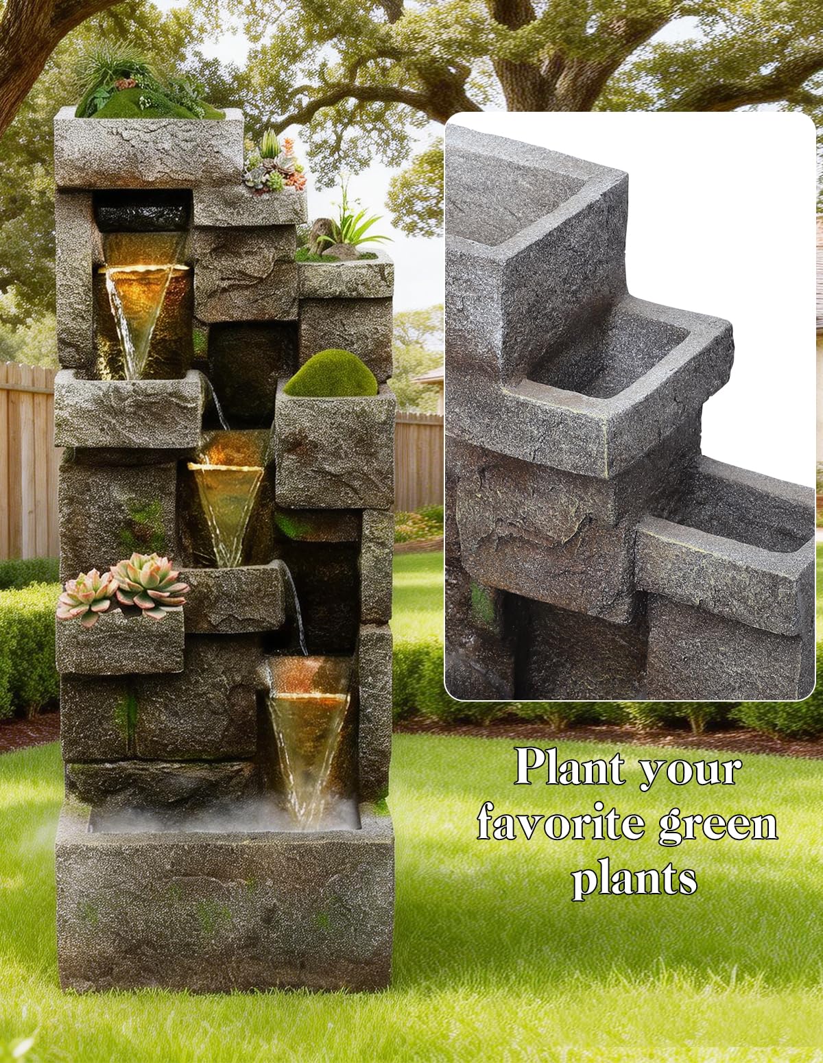 EKRISON 41.7" Outdoor Water Fountains 3 Tier Modern Floor-Standing Fountain with LED Lights and Pump Outdoor Rock Waterfall Fountain for Garden, Yard, Porch, Patio, Home Decor, Yellow
