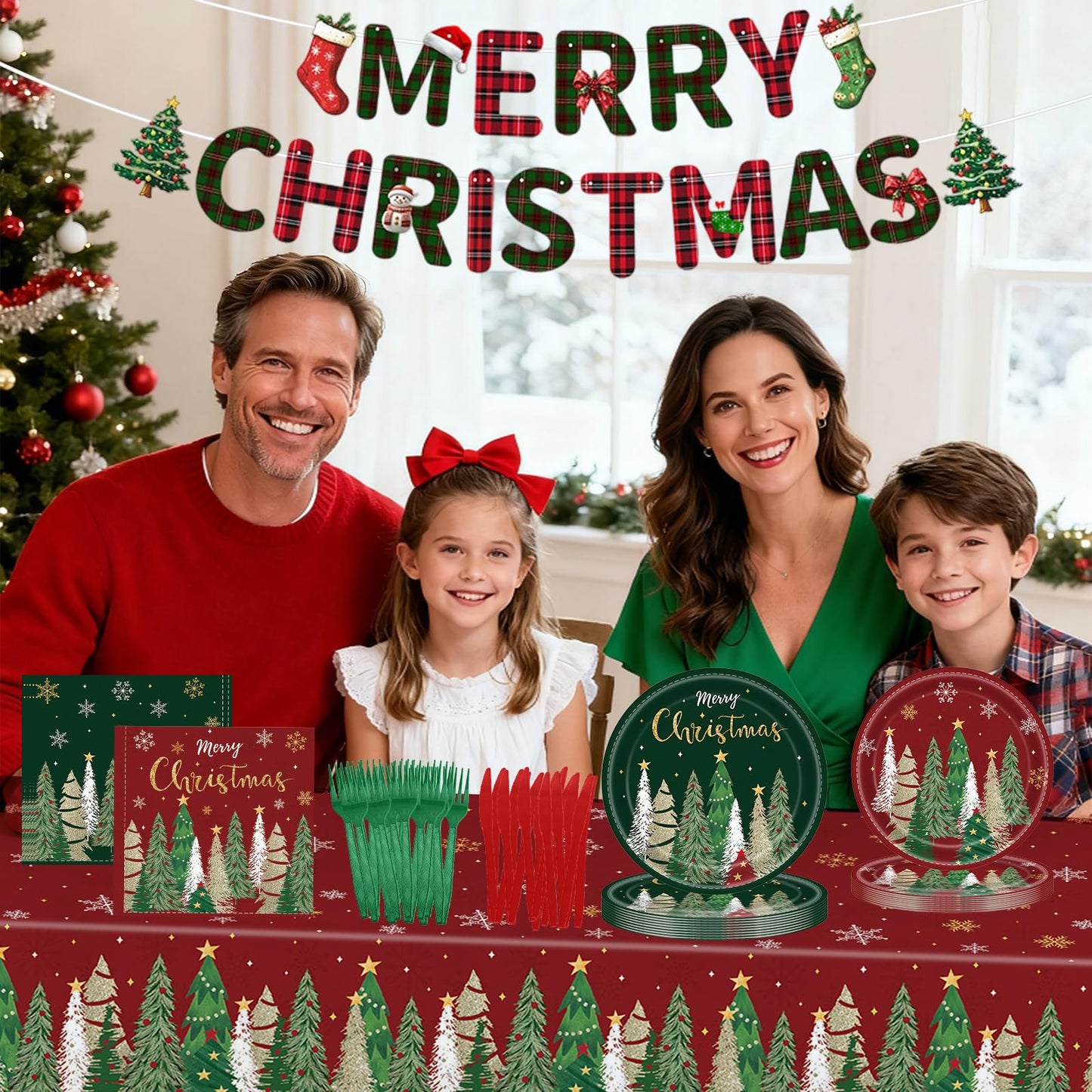 102 Pcs Christmas Tree Paper Plates and Napkins Party Decorations Merry Christmas Banner Disposable Tablecloth Dinnerware Set Red and Green Xmas Tree Party Supplies Winter Snowflake Holiday Ornament