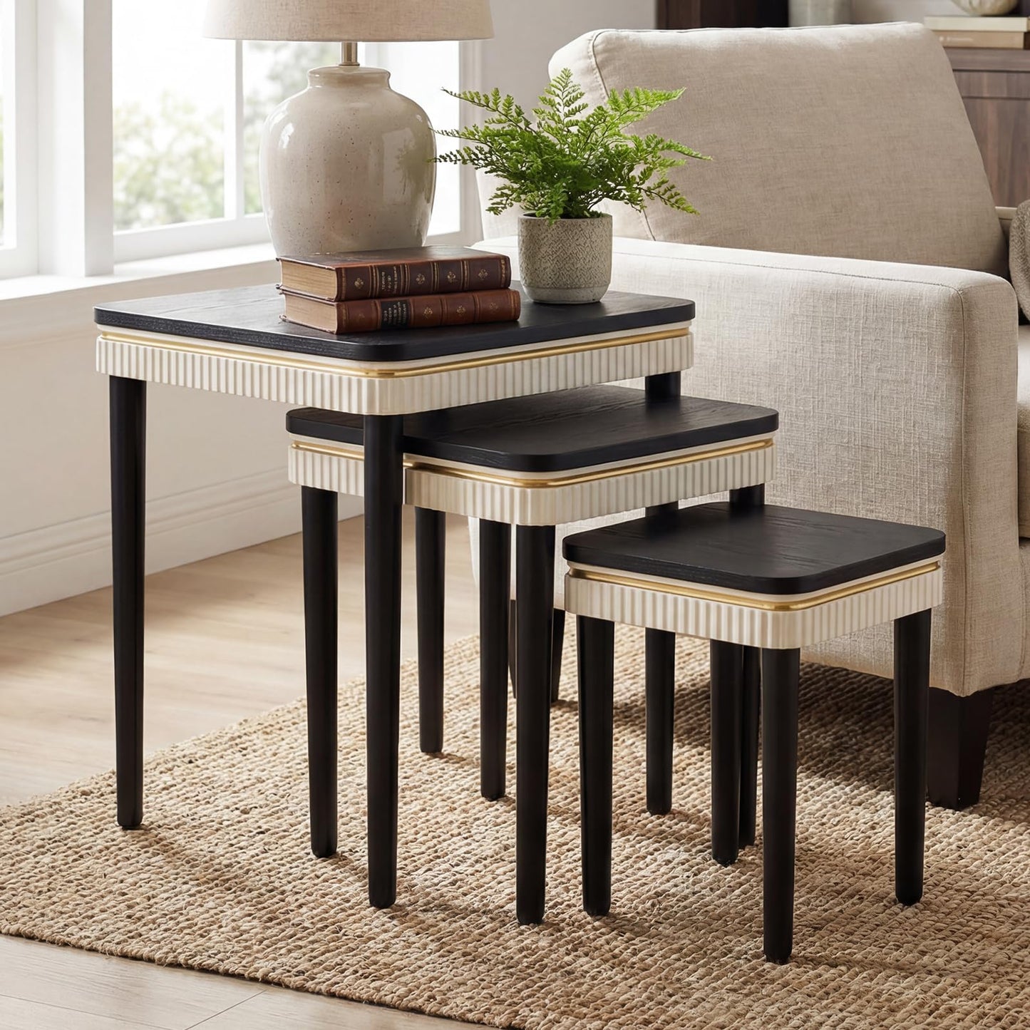 Hyfirm Black Side Table End Table Nesting Tables Set of 3, Retro Nesting Tables with Veneered Top & Gold Trim, Mid Century Modern Nesting Wood Coffee Tables for Living Room/Bedroom/Apartment