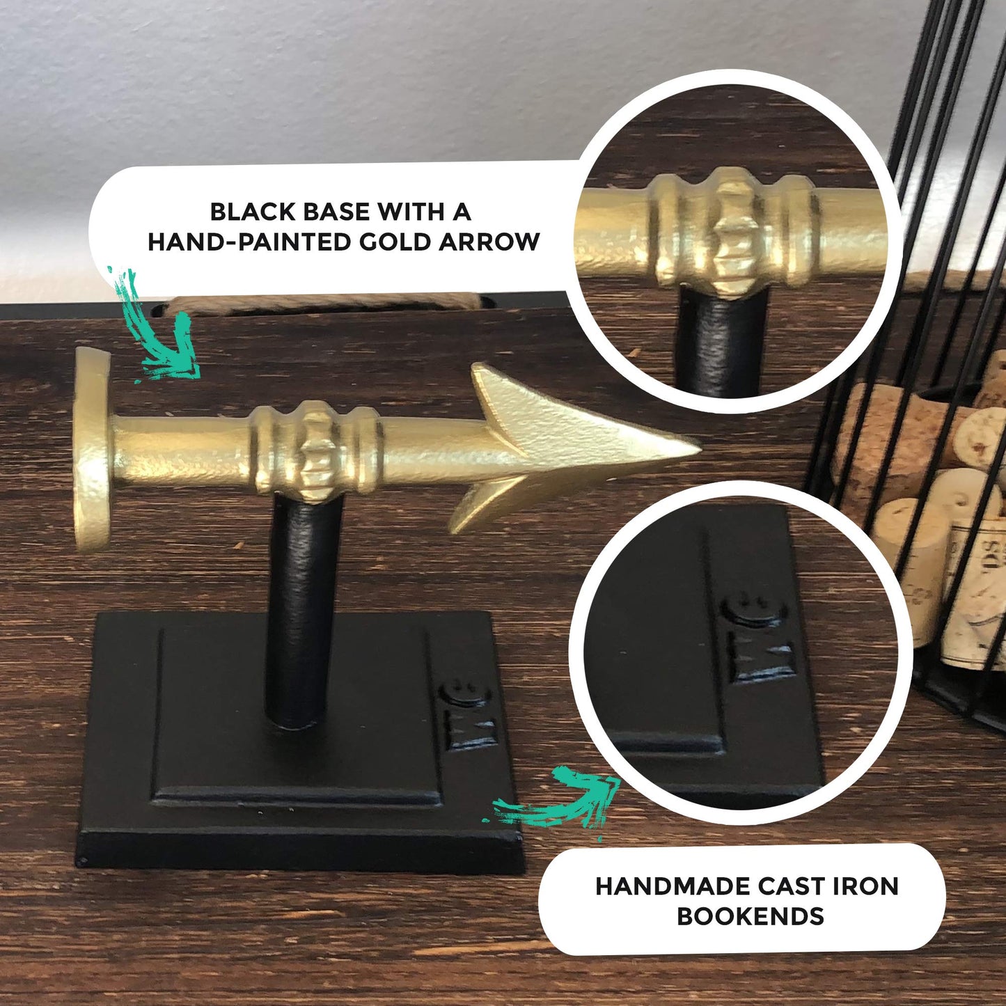 Large Gold Arrow Metal Bookends | Heavy, Decorative, Farmhouse, & Unique for The Bookshelf by Wallcharmers