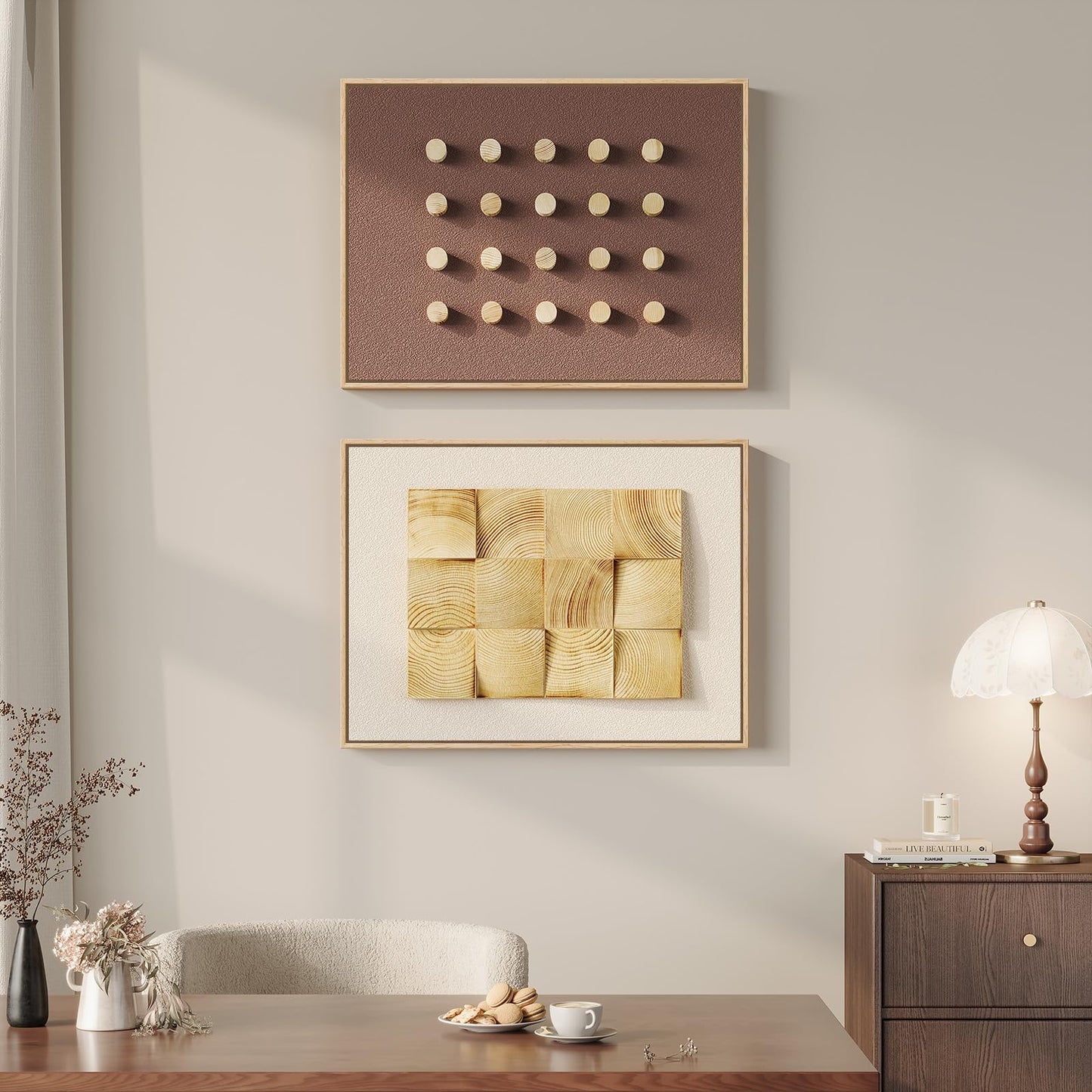 Large Framed Wood Wall Art Set of 2, 3D Minimalist Neutral Geometric Wooden Wall Decor, Modern Beige Brown Textured Paintings Artwork for Living Room, Hallway, Dining Room, Bedroom, Office