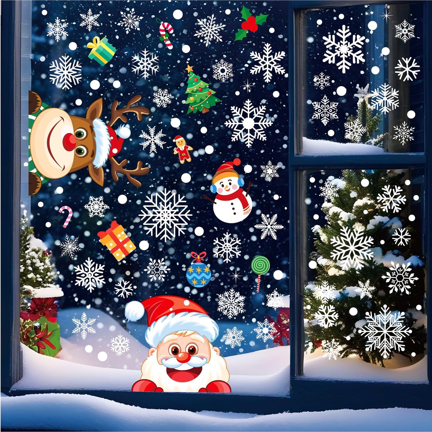 AOWDIAO Christmas Window Clings - 145 Pcs Xmas Glass Stickers, Santa, Snowflakes, Reindeer, Snowman - Winter Holiday Window Decorations for Festive Spirit