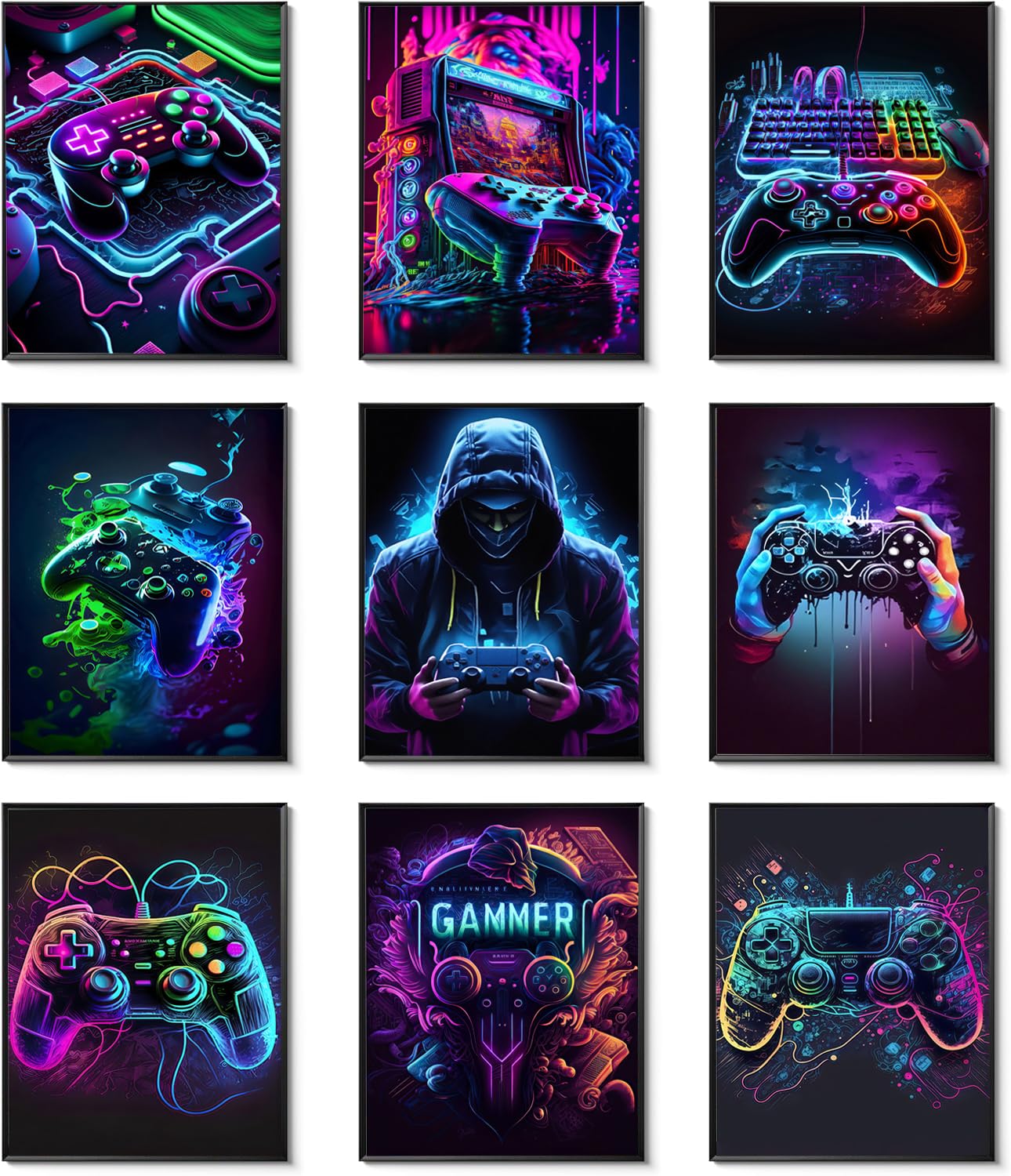 Ucninvd Game Posters Wall Art Set of 9, Neon Gaming Wall Decor Game Room Decor Paintings, Video Gamer Accessories Canvas Picture Prints for Boys Gamer Teen Room Bedroom Decor 8x10In Unframed