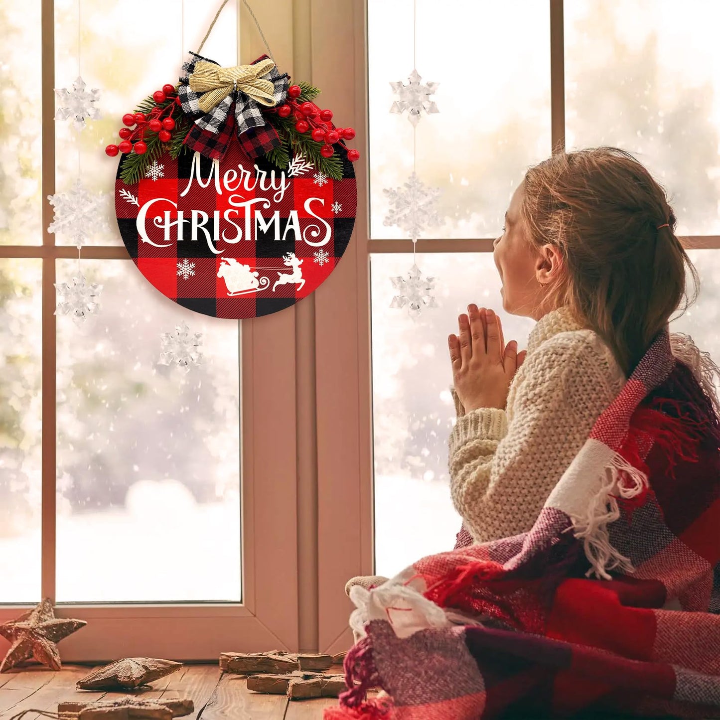 2 PCS Buffalo Plaid Christmas Wall Decor, 12 Inch Merry Christmas Sign Wood Wreath Hanging Porch Window Decoration Indoor Outdoor