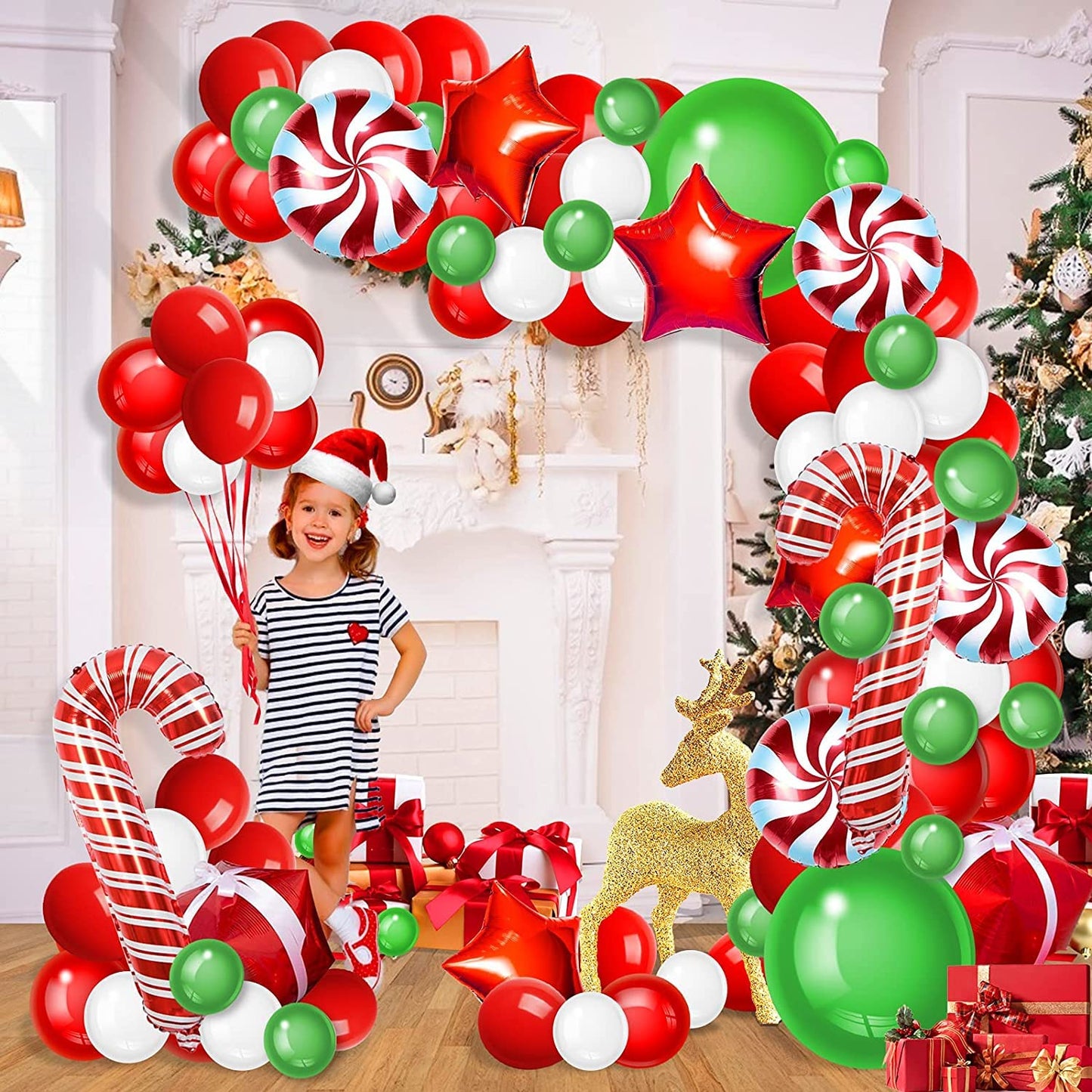 WECEPAR Christmas Balloon Garland Arch kit with Xmas Green Red White Candy Balloons Gift Box Balloons Red Star Balloons for Christmas Party Decorations