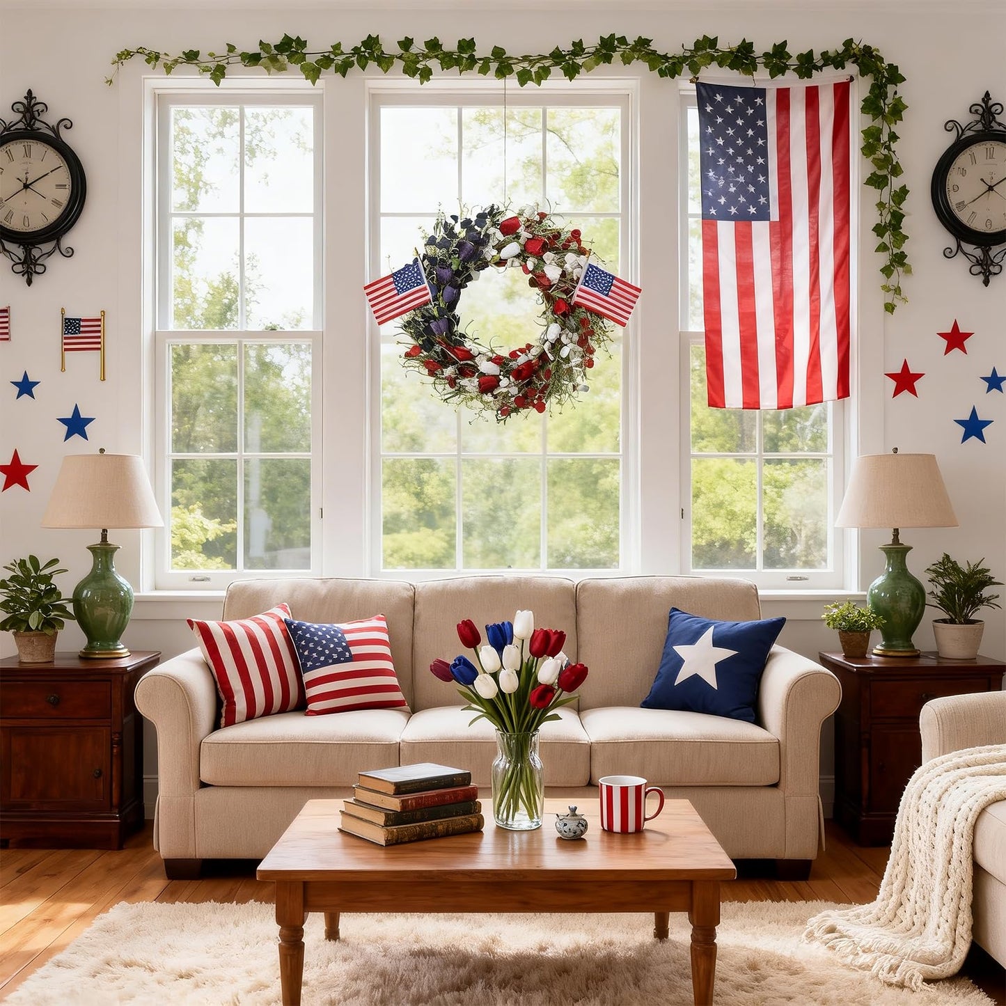 MAINGKAUNG Patriotic Wreath 22 Inch 4th of July Wreath Patriotic Wreaths for Front Door with Red White Blue Flag Tulip Eucalyptus Leaves for American Independence Day Memorial Day Flag Day Decor