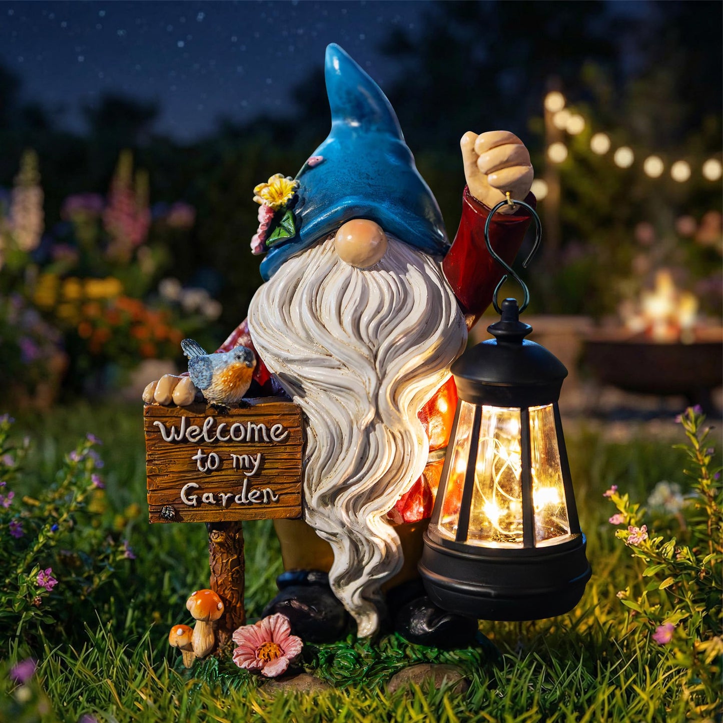ZQQLITE Garden Gnome Statues Figurine Lights - Solar Powered Lighting Outdoor Decorations with Lantern & Welcome Sign, Yard Art Lawn Ornaments for Porch Patio Balcony - Gnome Gifts for Women Mom