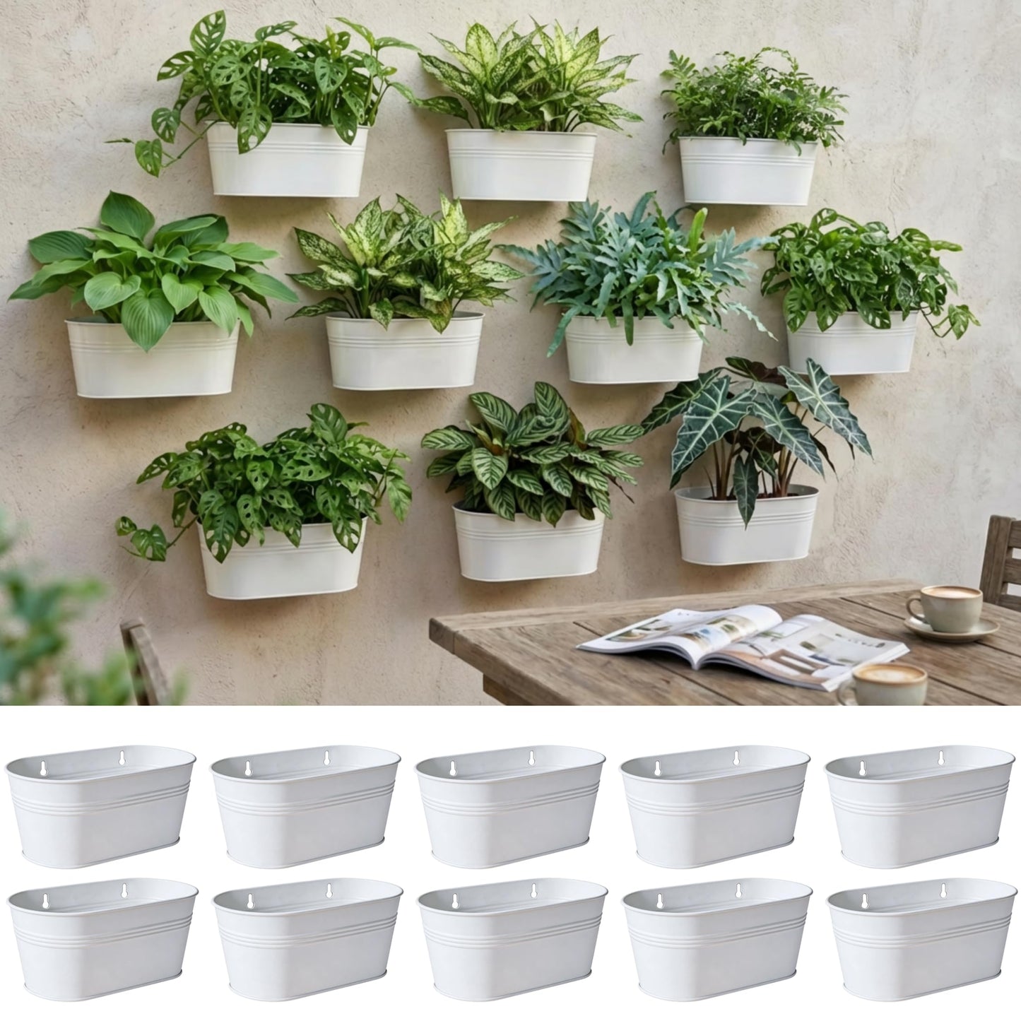 LaLaGreen Wall Planter Outdoor Plants (11.8 Inch, 10 Pack) White Metal wall Decor Flower Planter Balcony Home Decor Modern Hanging Plant Planters Indoor Window Herbs Garden Drainage Yard Pot