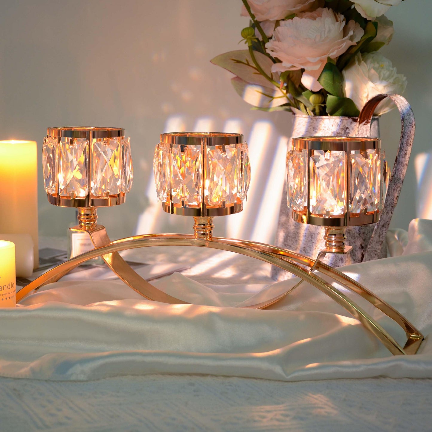 3 Arms Crystal Bowl Tealight Candelabra Votive Candle Stand, Candlestick Holders Wedding centerpieces for Tables Crystal Candlestick，Centerpiece Table Decorations (Gold)