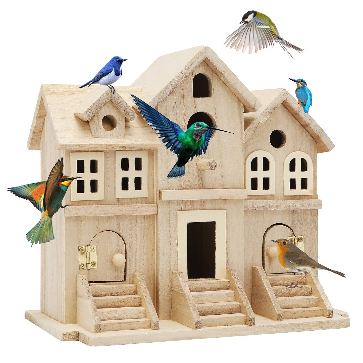 Lyfreen Paulownia Wood Bird House with Pole, Outdoor Hanging Birdhouse for Bluebirds, Wrens, Hummingbirds, Finches - Wooden Garden Bird House
