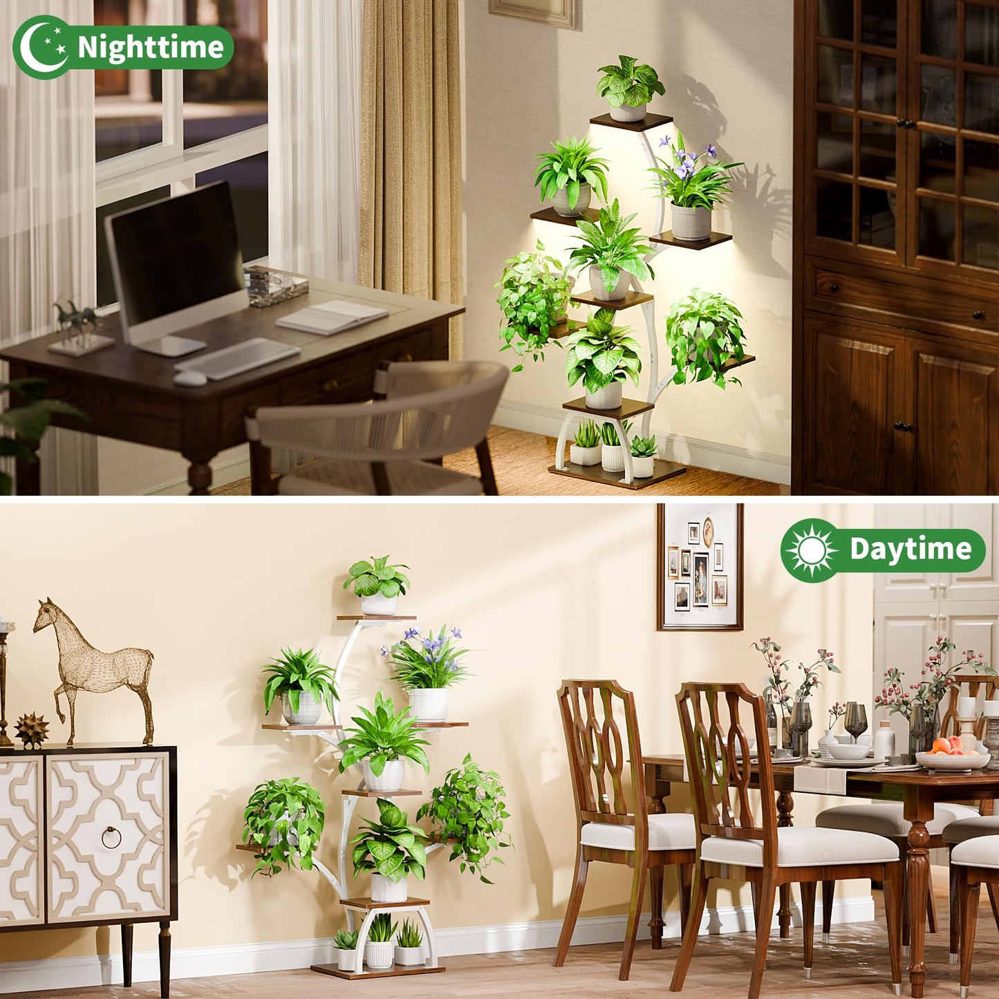 Plant Stand Indoor with Grow Lights, 6 Tiered Plant Shelf Indoor, 50" Corner Plant Stands for Indoor Plants, Lighted Tree-Shaped Plant Holder, Tall Flower Display Rack for Living Room, Patio（White)