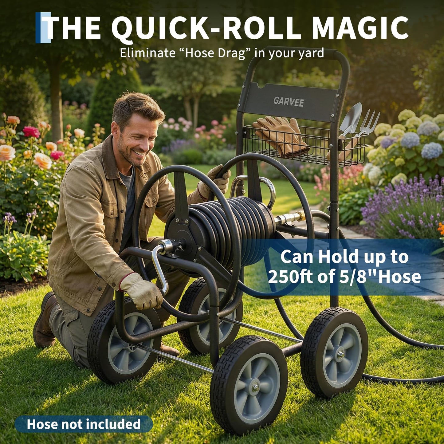 Garvee Hose Reel Cart, 4 Wheels Heavy Duty Mobile Garden Hose Cart Holds 250ft of 5/8" Water Hose, Powder-Coated Steel with Storage Basket for Yard, Lawn, Outdoor Planting