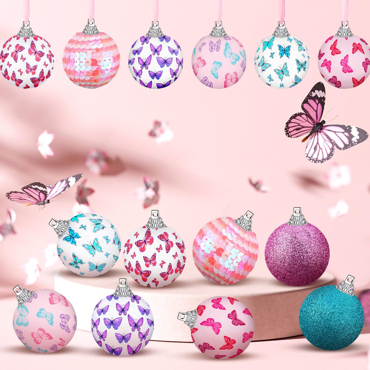 Zeyune 16 Pcs 1.97 Inch Spring Tree Ornaments Summer Butterfly Decorations for Small Tree Hanging Seasonal Holiday Balls Ornaments
