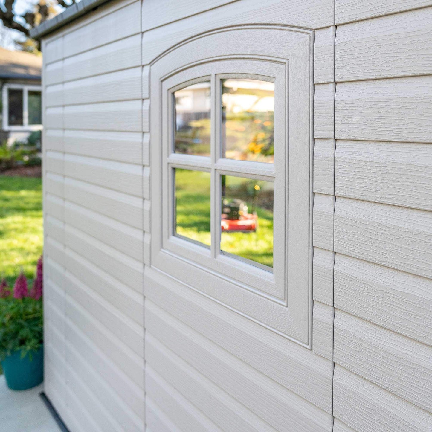 Lifetime 60075 Outdoor Storage Shed, 8x15 Ft, Desert Sand, Resin Backyard Tool Shed with Lockable Doors and Weather-Resistant Panels