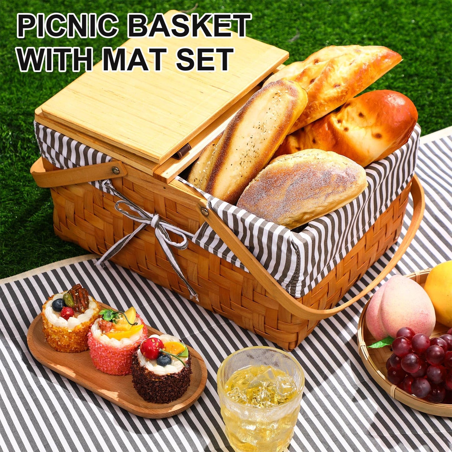 Blushtier Picnic Basket with Blankets Kit, Handwoven Natural Woodchip Basket with Lid Handle and Extra Large Foldable Waterproof Picnic Mat for Outdoor Camping Beach Grass Party Hiking Travel (Black)