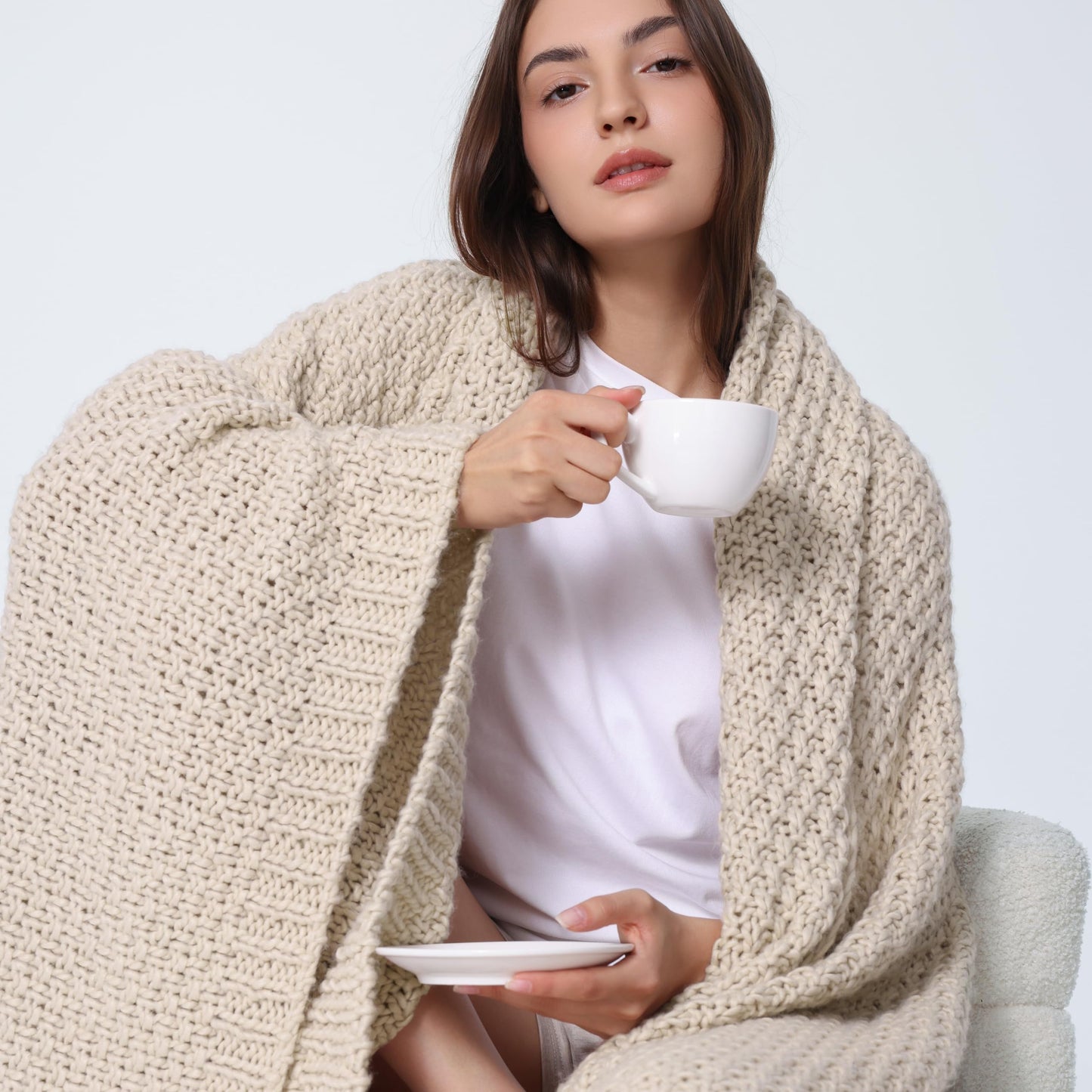 WDCOZY Chunky Cable Knit Throw Blanket Super Soft Warm Knitted Throw Blanket for Couch, Sofa, Chair, Bed Lightweight Breathable Cozy Comfortable Home Decorative Camel Tan Beige 50x60 Inches