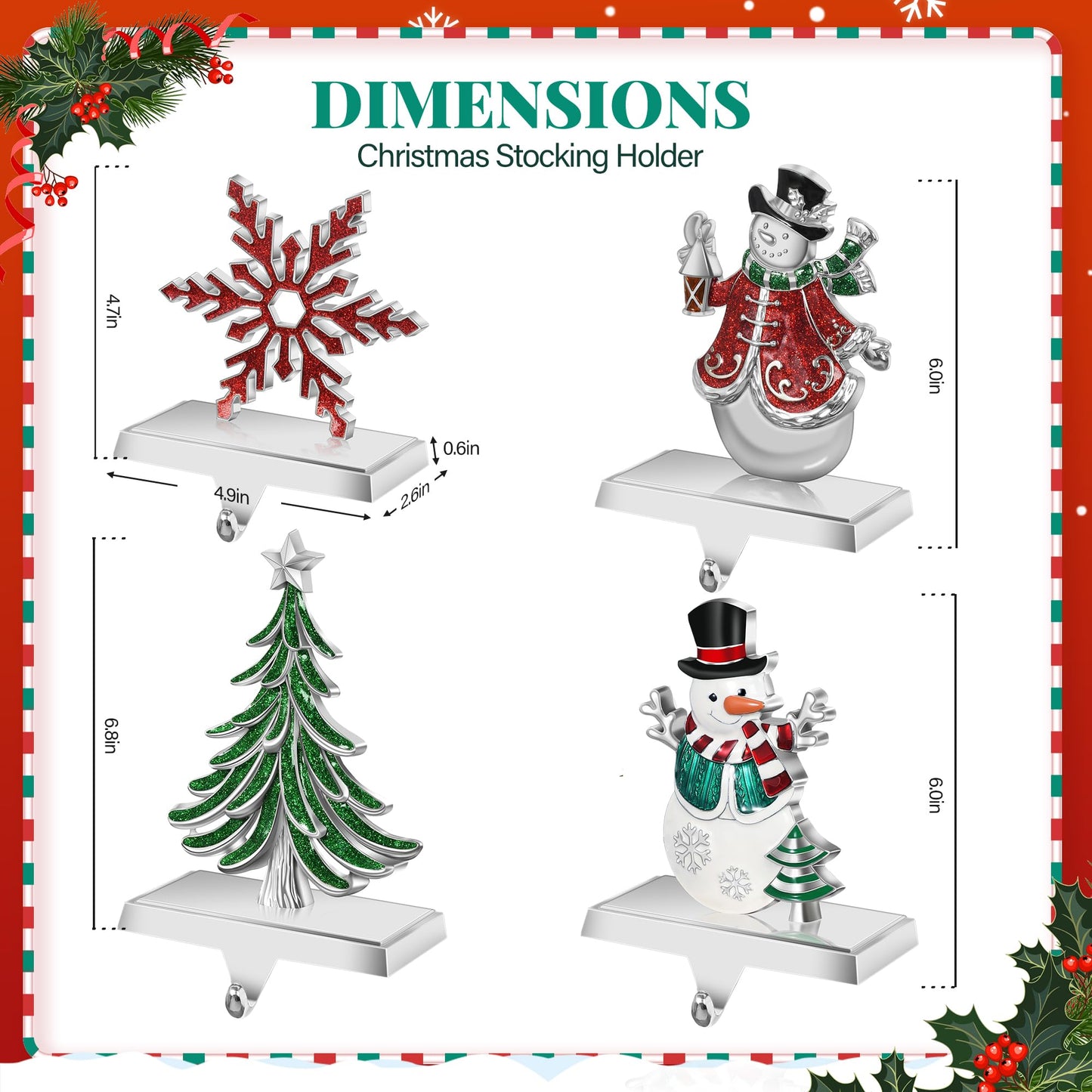 Loncaster Set of 4 Christmas Stocking Holders for Mantle, Christmas Tree Weighted Stocking Holder, Snowflakes Stocking Hangers for Mantle,Christmas Stocking Holder for Fireplace Christmas Decorations