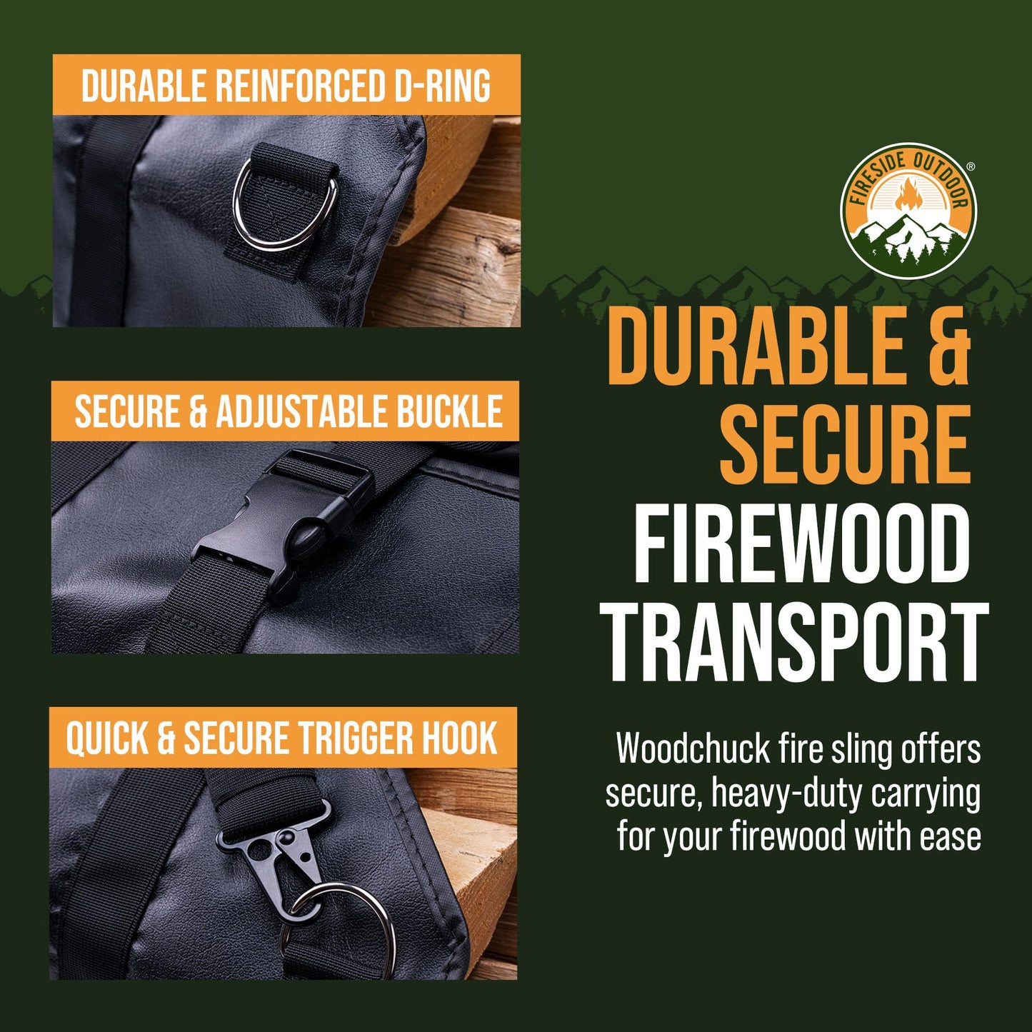Fireside Outdoor Woodchuck Vinyl Firewood Sling - Firewood Carrier, Log Carrier for Firewood, Fire Wood Carrier Tote, Wood Carrier for Firewood Bag, Wood Carrying Bag, Firewood Carry Bag, Log Tote