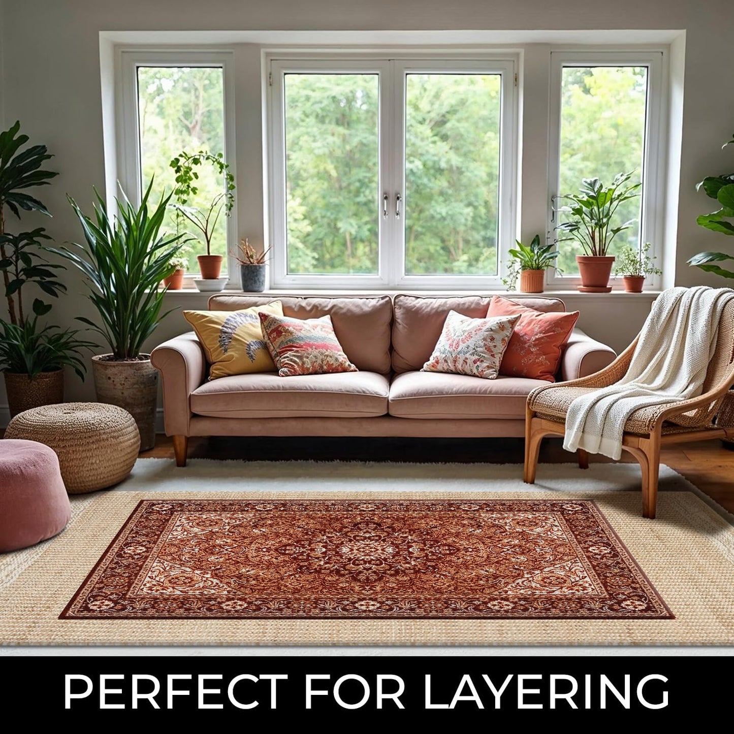 RUSVILLA 8x10 feet Natural Jute & Wool Area Rug,– Handwoven Mini Check Natural Fiber Rug with 4" Border, Neutral Boho Farmhouse Rug for Living Room,Dining Room,Bedroom | 0.6" Pile (8' x 10')