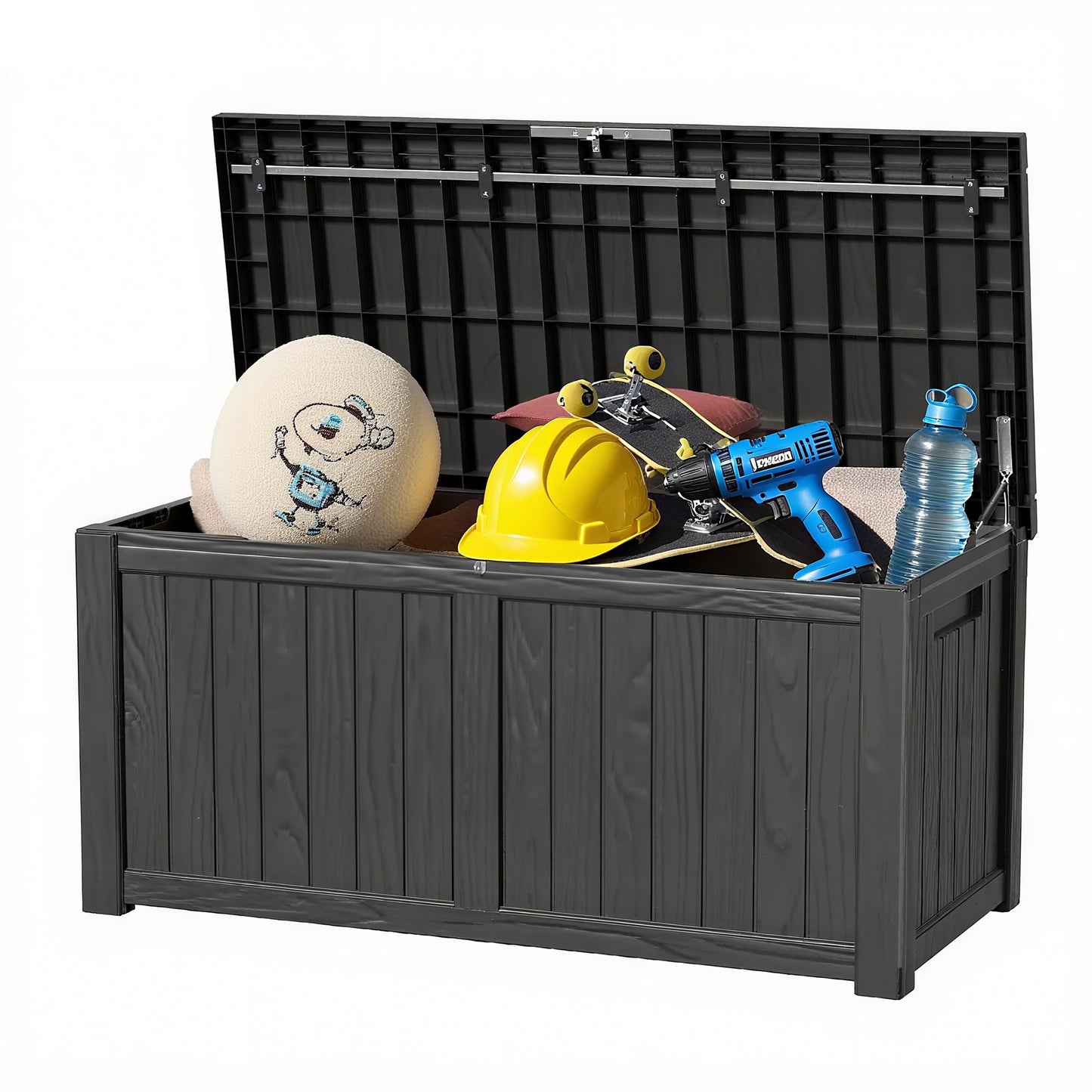 ComeWay 120 Gallon Outdoor Storage Box - Waterproof Resin Deck Box with Stainless Steel Rods - Lockable & Fade Resistant Storage Bin for Patio Cushions & Garden Tools, Black