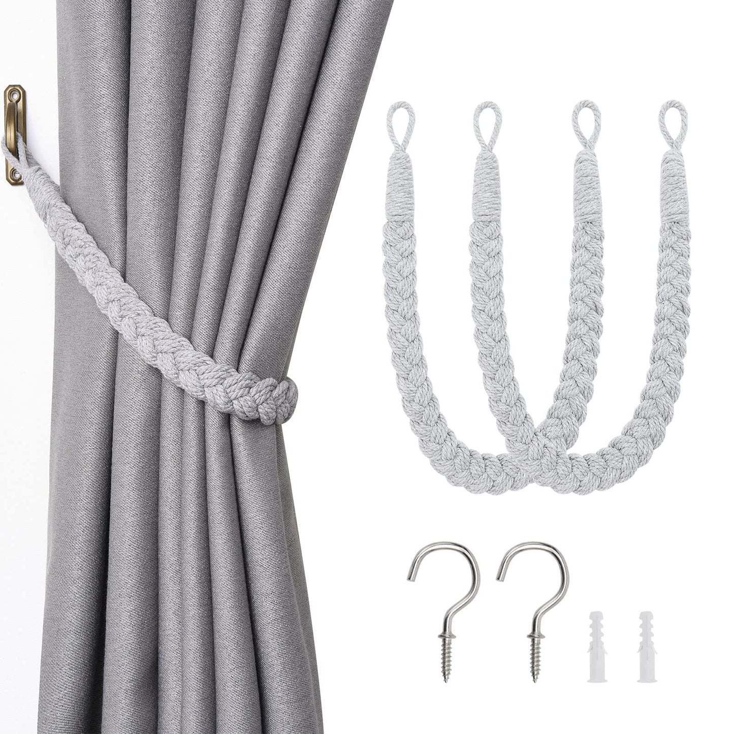 NICEEC 2 Pack Natural Cotton Rope Curtain Tiebacks Elegant Boho Style Decorative Drape Tie Backs Soft Hand-Woven Rope Curtain Holdbacks with Metal Hook for Home & Office Drapery (Light Grey)