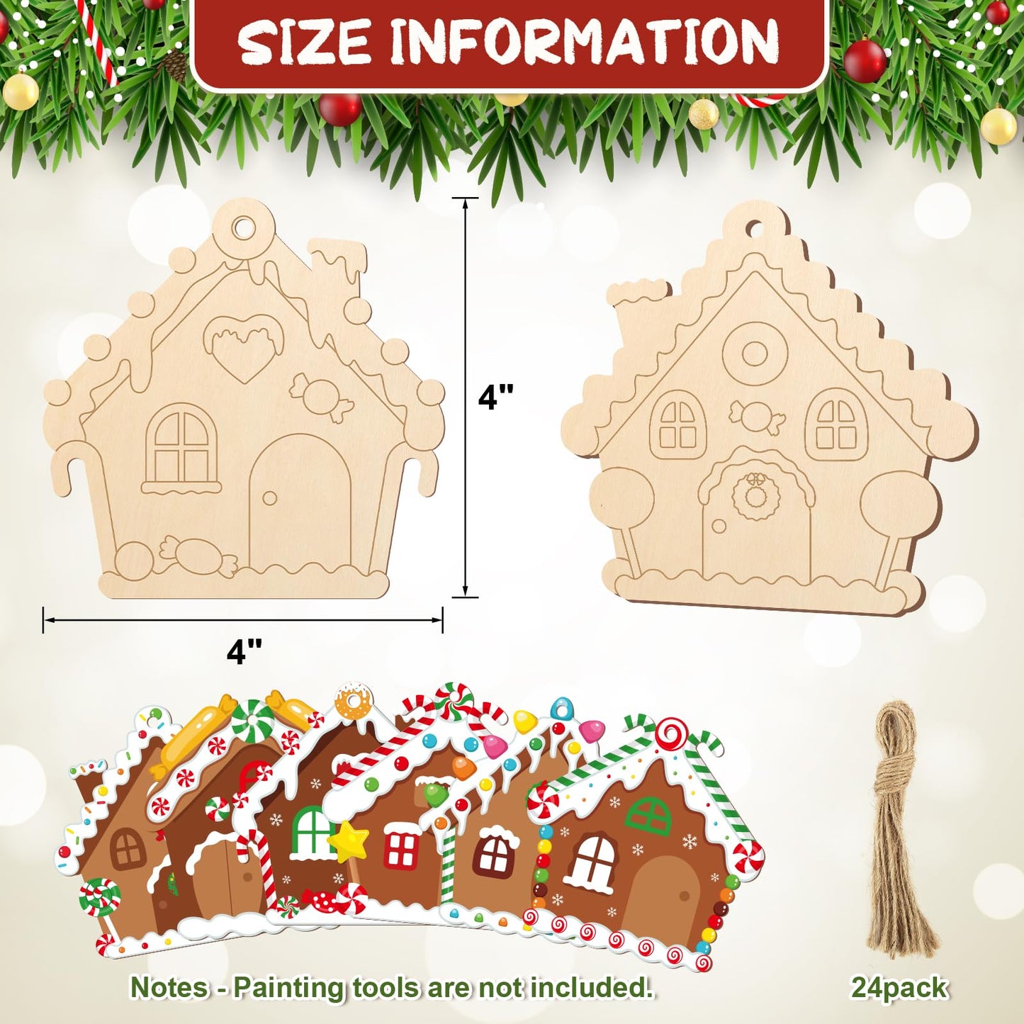COCHIE Wooden Christmas Ornaments to Paint for Kids Adults Set of 24, Xmas Unfinished Wood Crafts for Painting, DIY Paintable Christmas Cutouts Slices for Craft with Ropes (Gingerbread House)