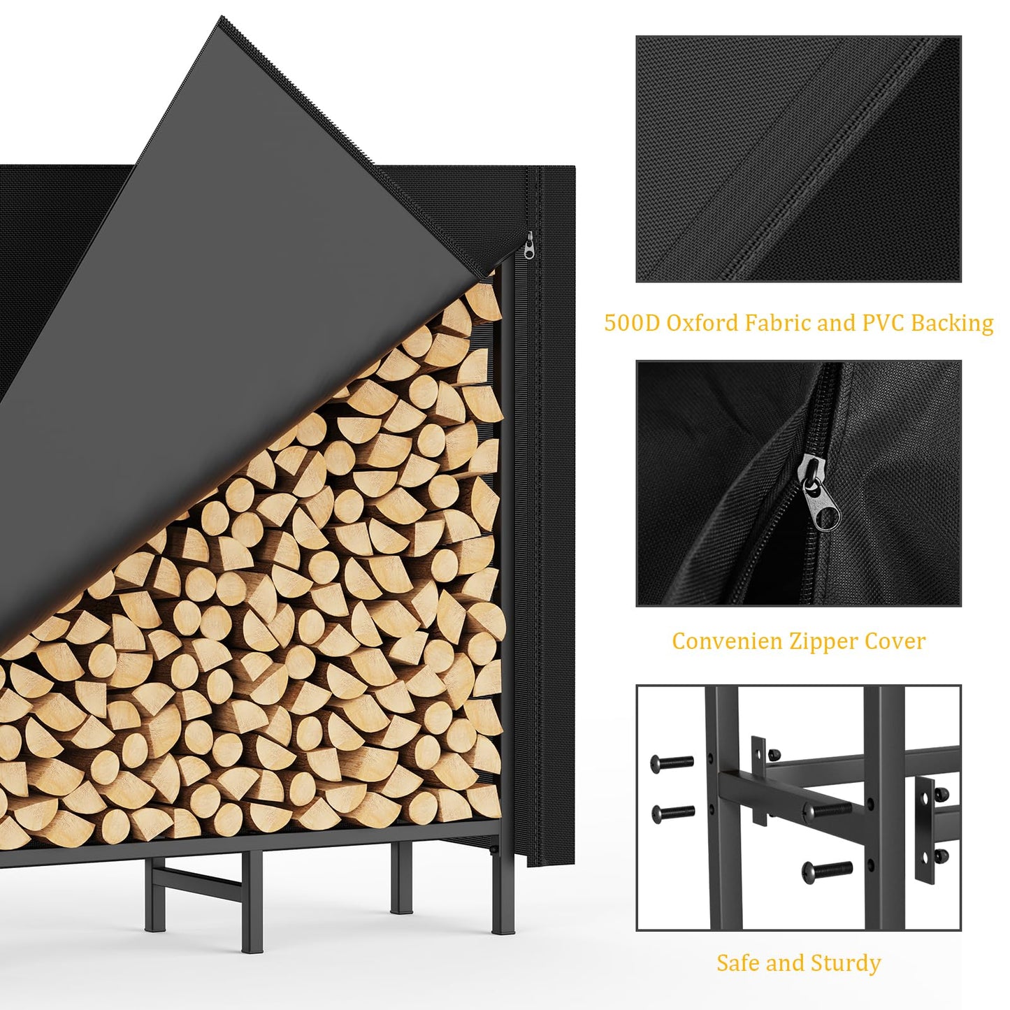 Outdoor Firewood Storage Holder with Cover, Heavy Duty Metal Indoor Log Stacker Rack with Weather Resistant 600D Oxford Fabric Cover, Wood Pile Storage Carrier Organizer Stand for Fireplace, Black