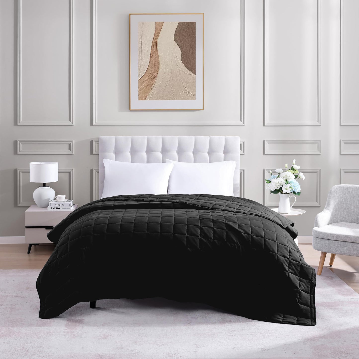 Casa Platino Blanket Full Size - Pre-Washed Quilted - Soft & Lightweight - All Season Blankets - Premium Microfiber Down Alternative Blankets - Black