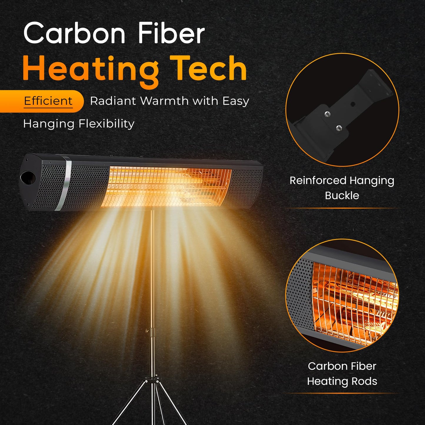 Outdoor Carbon Fiber Infrared Patio Heater - 800/1300/1500W, Tripod Stand or Wall Mount, IP65 waterproof, Remote Control, Silent & Energy-Saving for Balcony, Backyard, or Patio