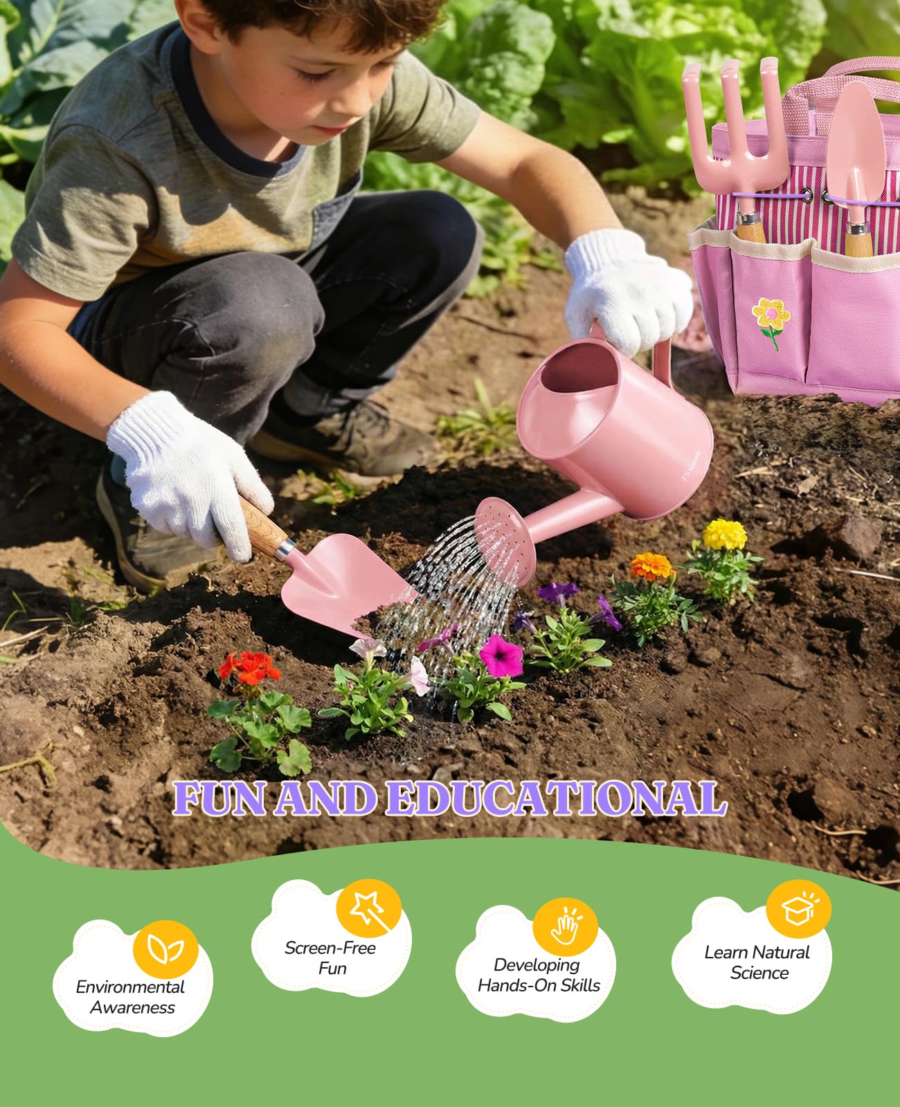 8Pcs Kids Gardening Set with Metal Basket & Real Metal Tools, STEM Outdoor Exploration Kit, Ergonomic Wooden Handles, 3 Shovels, Rake, Watering Can, Gloves, Tote Bag, Toy Gift for Toddler Boys Girls