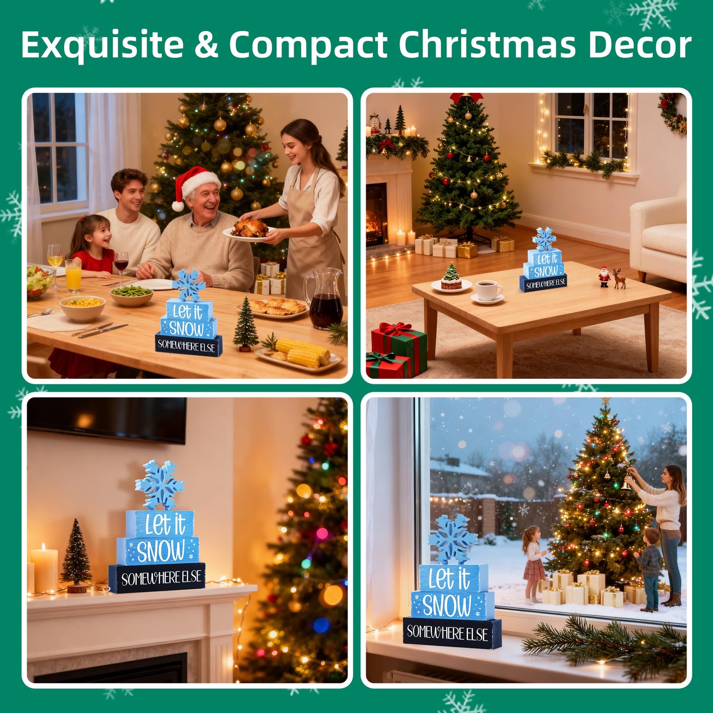 4 Pcs Christmas Wooden Tiered Tray Decor, Snowflake Christmas Decorations Gifts for Home, Winter Table Centerpiece for Xmas Party Kitchen Office