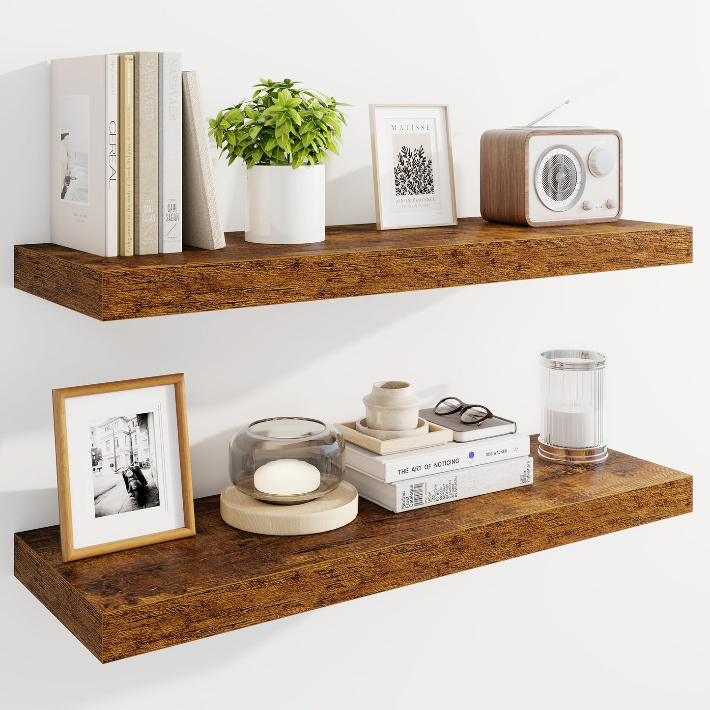 Marsmiles 30" Floating Shelves for Wall, Wooden Shelves with Invisible Brackets Set of 2, Rustic Farmhouse Wall Mounted Shelf for Kitchen Bathroom Living Room Study, Rustic Brown