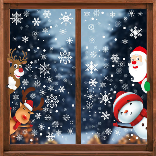322Pcs Christmas Window Clings Xmas Snowflakes Decorations Santa Claus Reindeer Snowman Snowflake Xmas Decals Stickers for Glass Winter Holiday Home Party