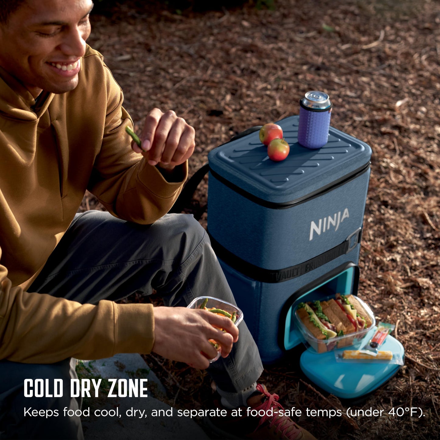 Ninja | Backpack Cooler | FrostVault Go 36 Can Soft Cooler | Leakproof Zipper with Built in Can Opener, 2 Ice Packs & Dry Storage Drawer | for Hiking, Camping & More | Lakeshore Blue | FF136NV