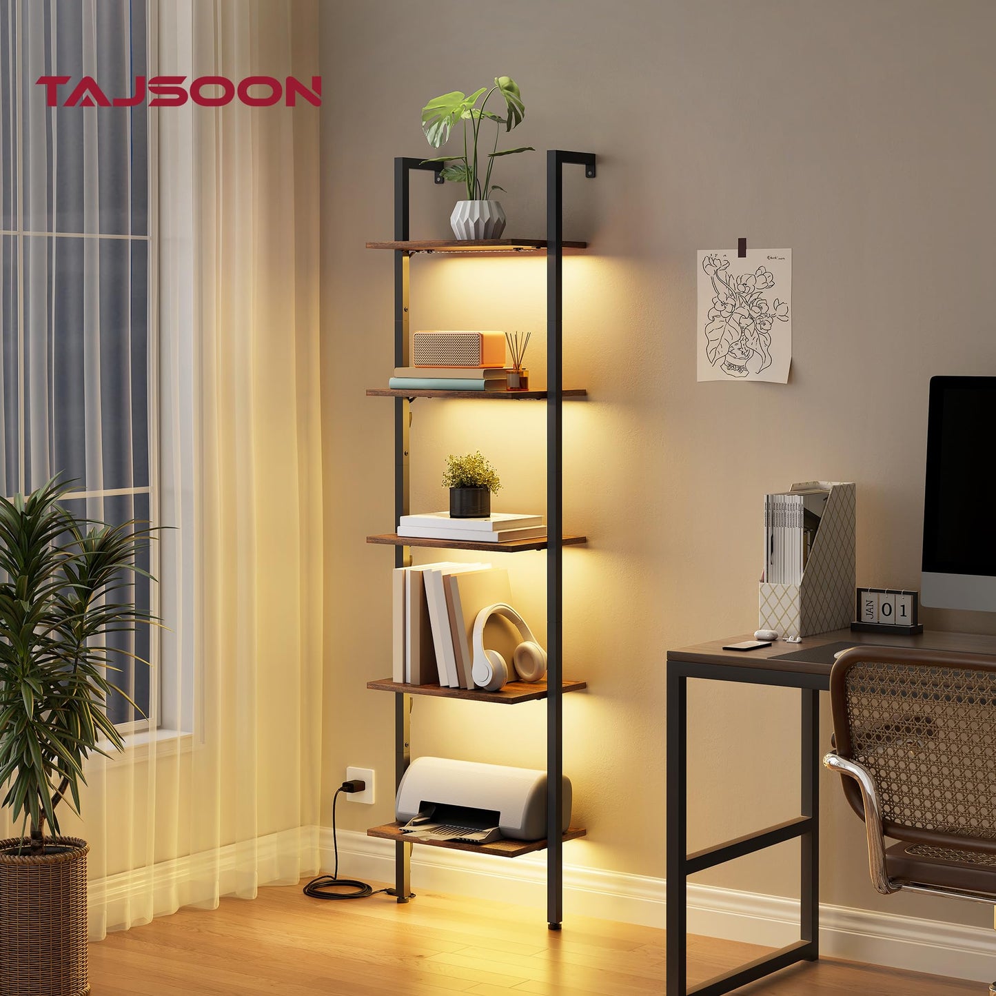 Tajsoon 5-Tier Ladder Shelf with LED Light, Wall Mounted Ladder Bookshelf with Metal Frame, Wall Ladder Bookshelf for Living Room, Bedroom, Office, Rustic Brown