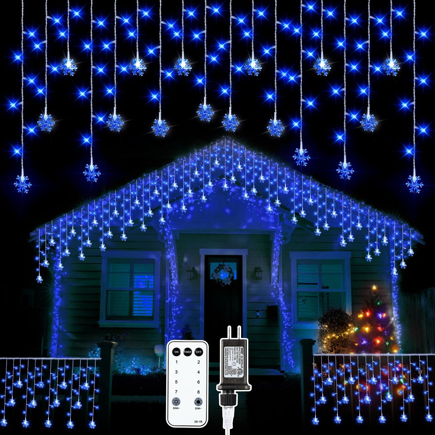 Aurelema Christmas Snowflake Icicle Lights, 33 ft Outdoor Snowflake Lights with Remote 8 Mode Waterproof 380 LEDs 76 Drops for Curtain Eaves Garden Indoor Outdoor Xmas Home Decor Wedding(Blue)