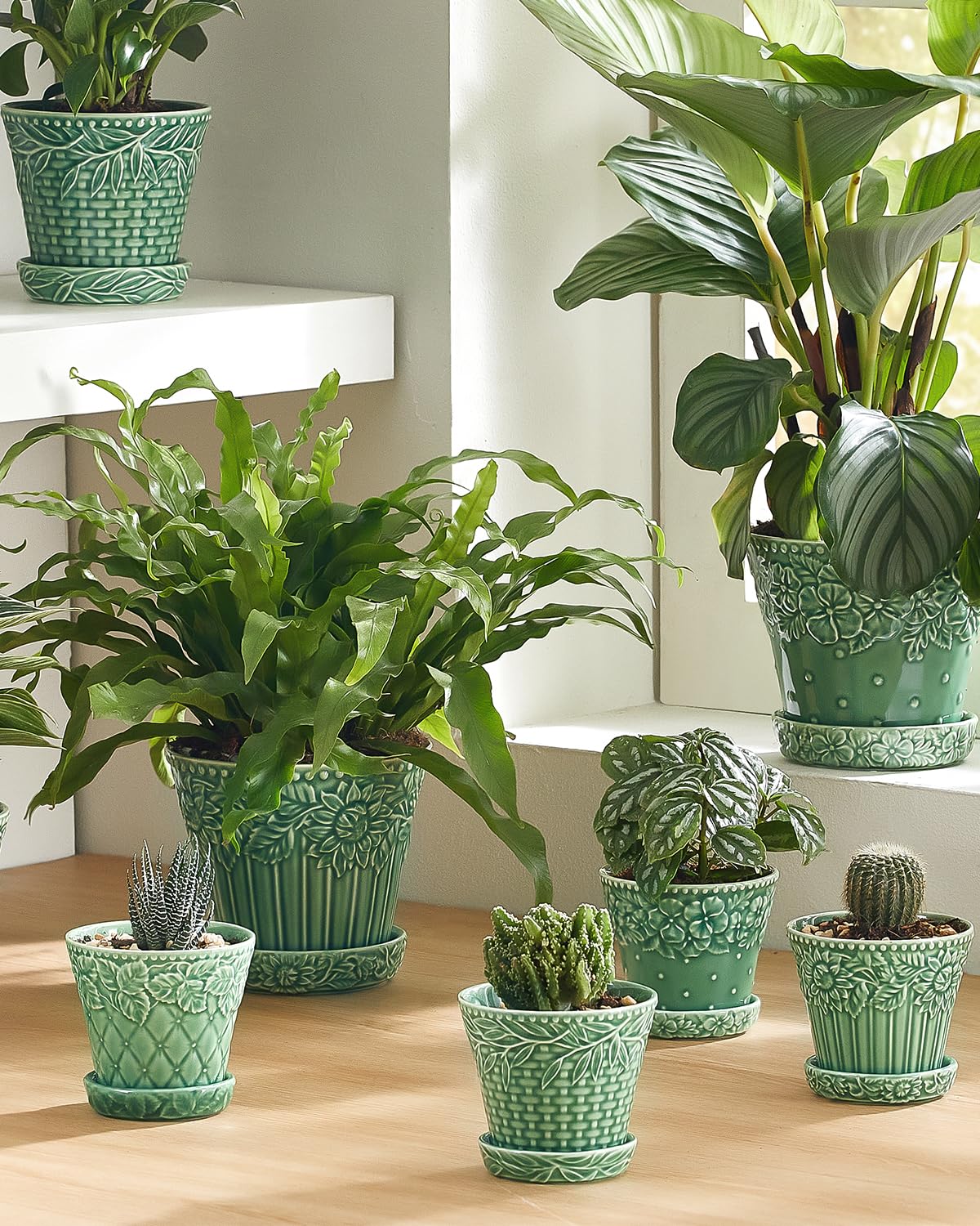 Metahom Succulent Ceramic Pots, 3.8 Inch Small Plant Pots with Drainage Hole & Saucer, Flower Planter Pot for Indoor Plants Cacti, Home Decor, Set of 4, Green